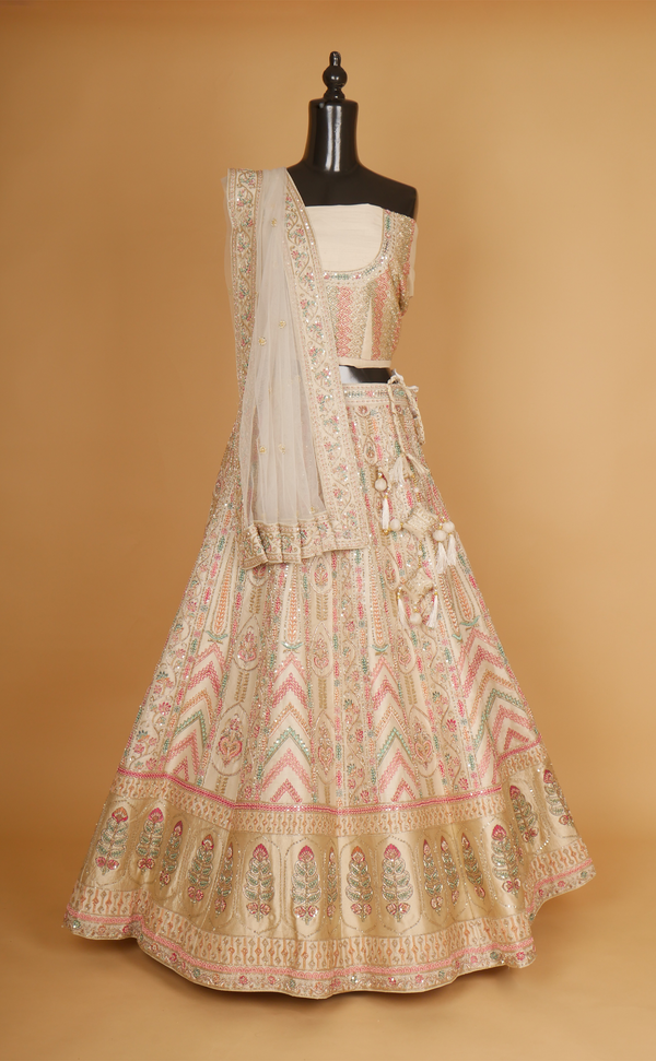 Creme Hand Zardosi And Resham Embroidery Bridal Lehenga In Vegan Raw Silk