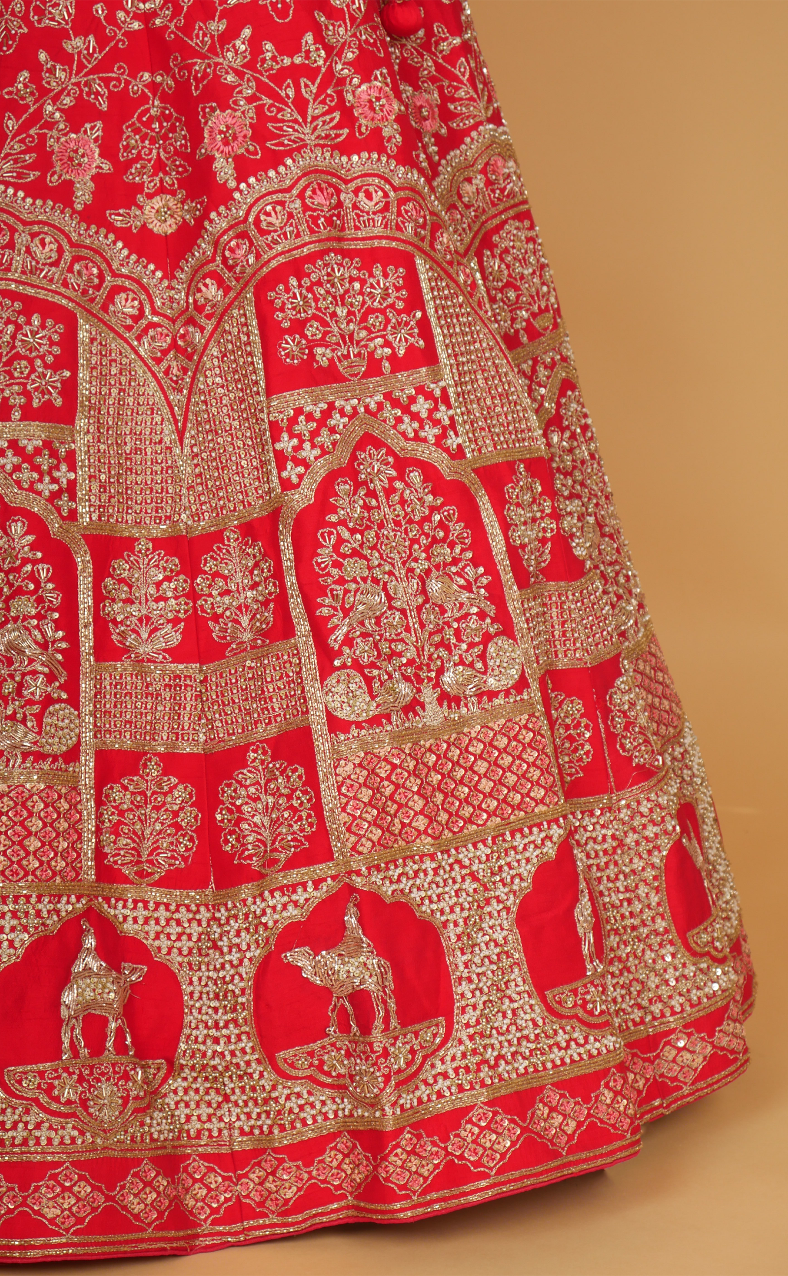 Red Mix Hand Embroidery Bridal Lehenga In Vegan Raw Silk