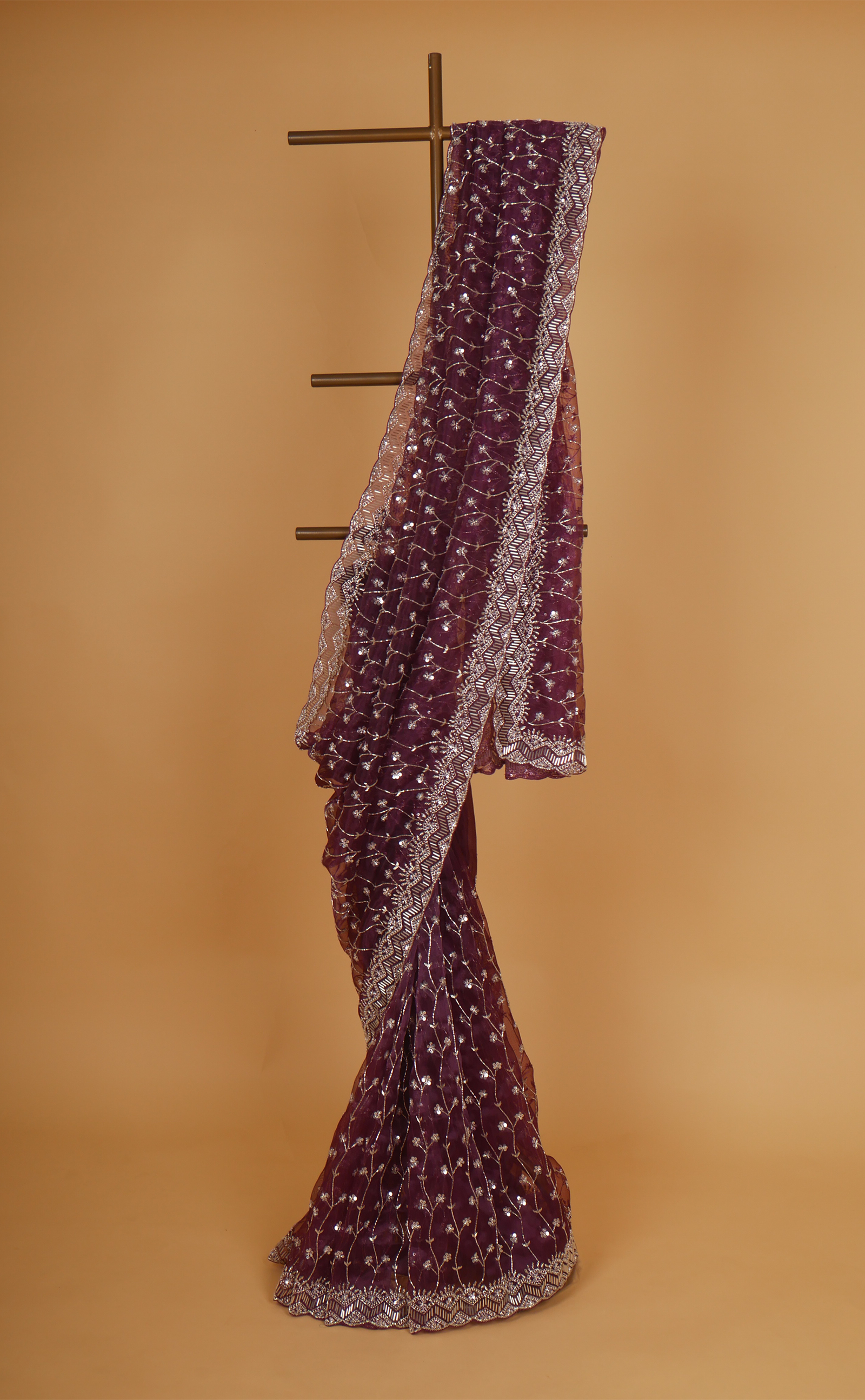 Wine Hand Embroidery Saree In Vegan Glass Soft Organza