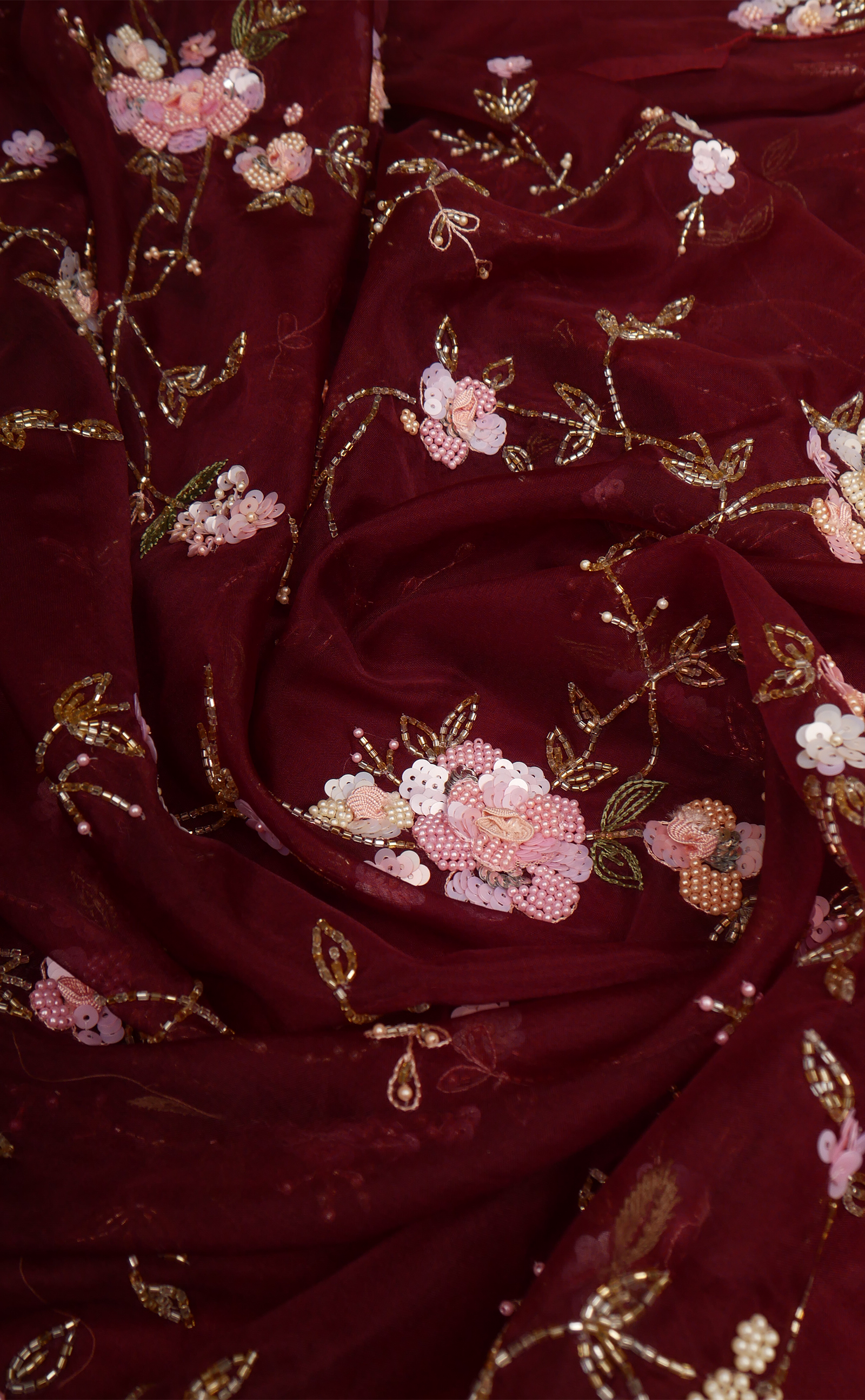 Maroon Hand Jaal Embroidery Saree In Vegan Organza