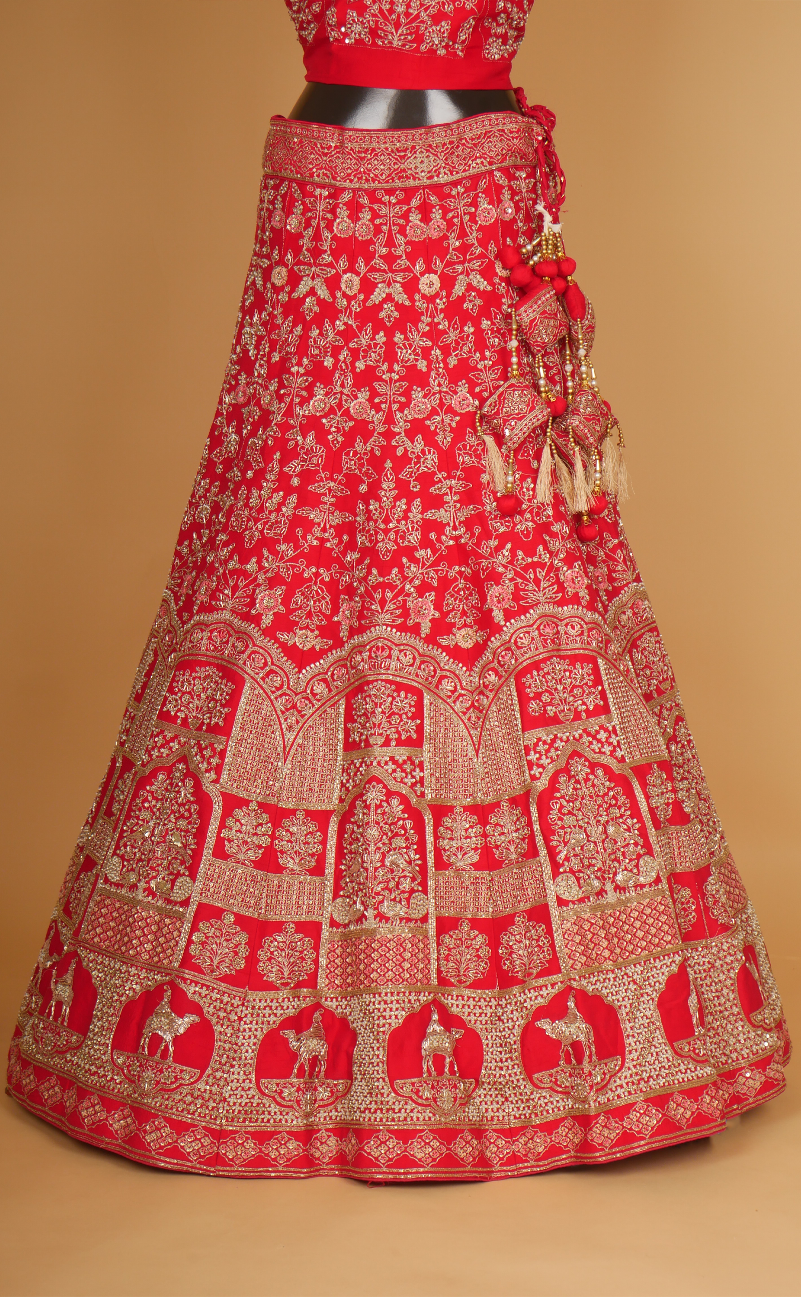 Red Mix Hand Embroidery Bridal Lehenga In Vegan Raw Silk