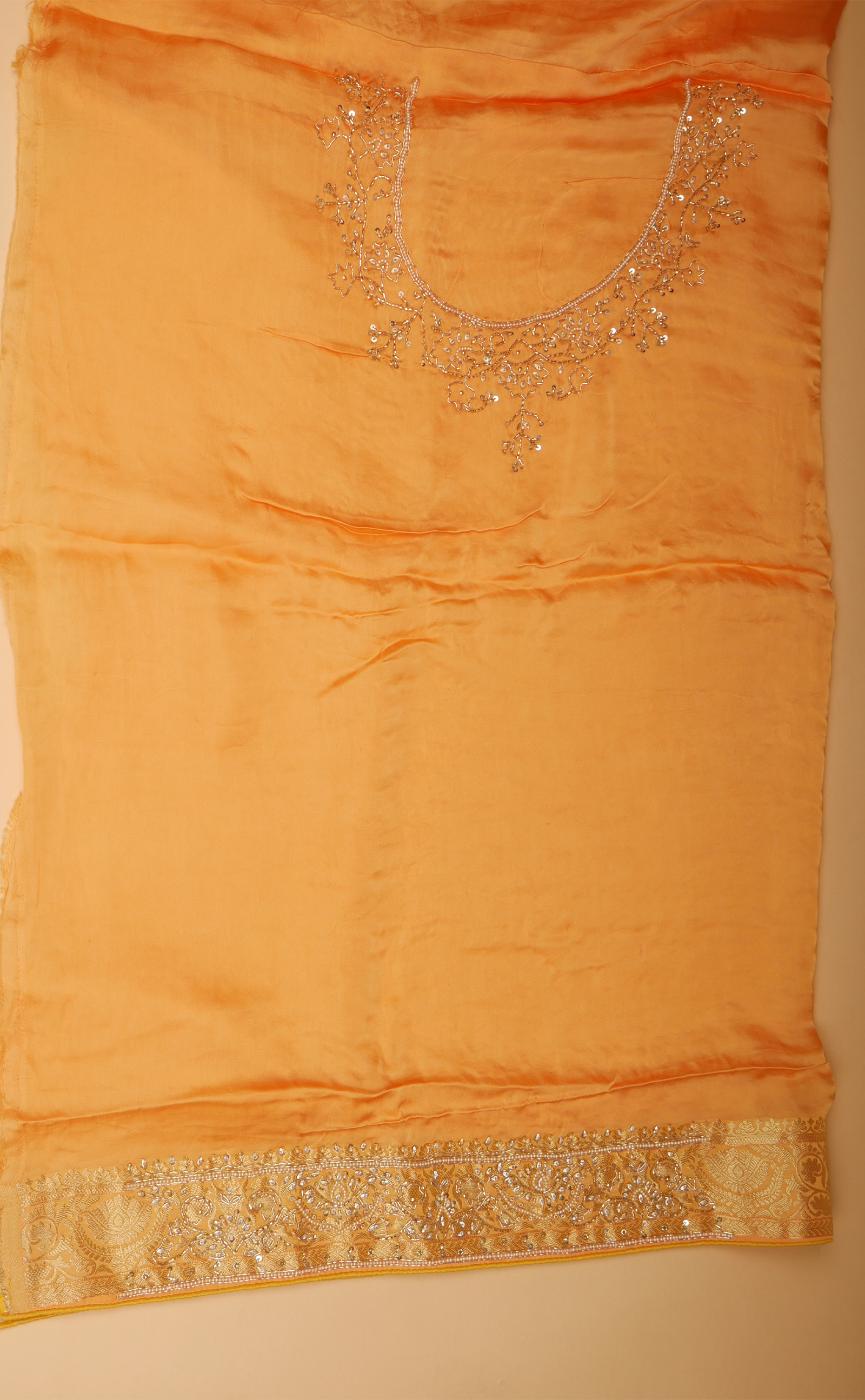 Mustard Hand Embroidery Bridal Saree In Vegan Banarasi Crepe