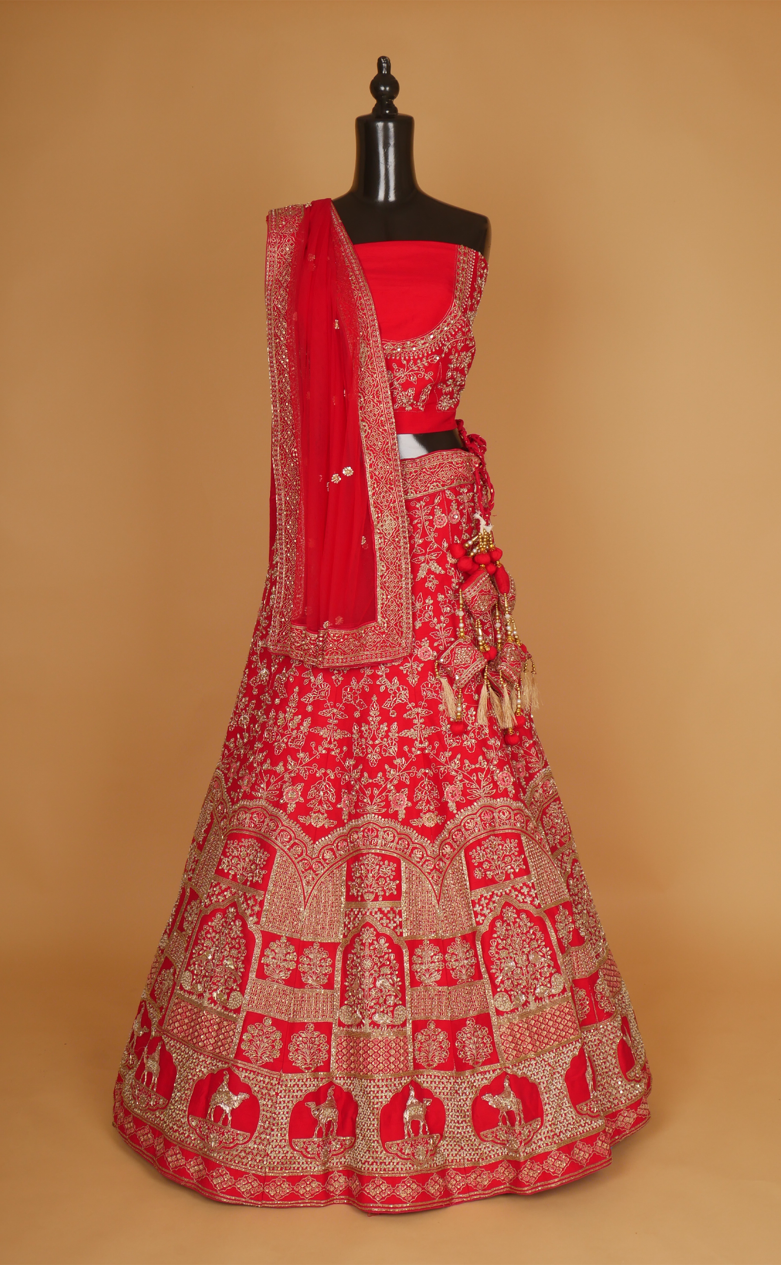 Red Mix Hand Embroidery Bridal Lehenga In Vegan Raw Silk