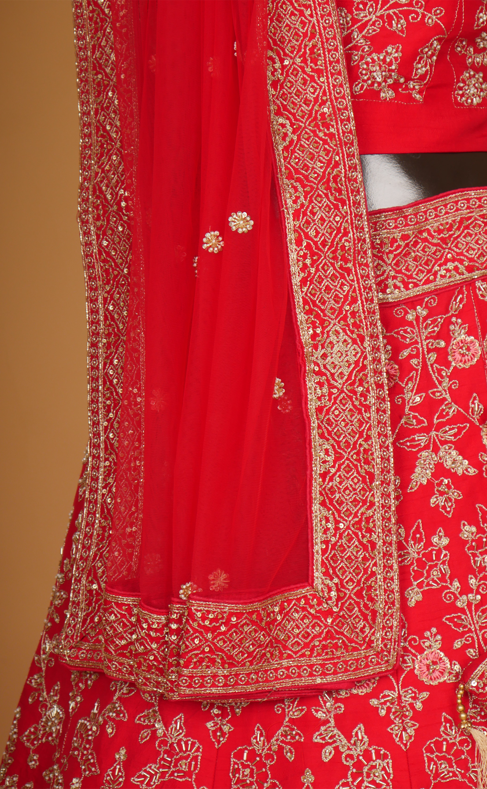 Red Mix Hand Embroidery Bridal Lehenga In Vegan Raw Silk