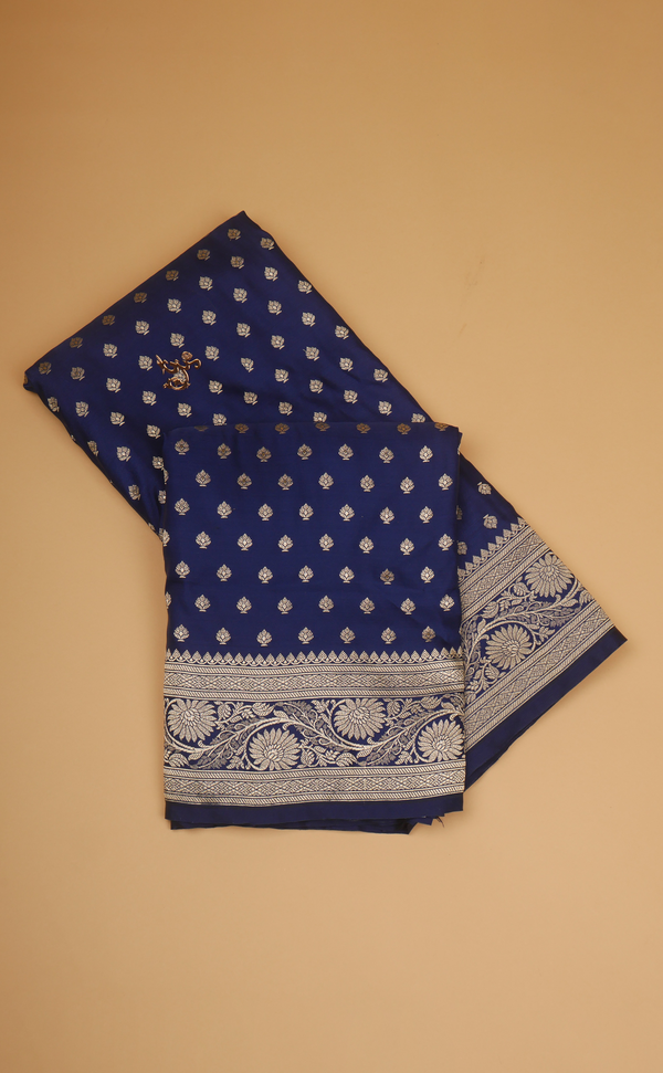 NAVY BLUE KALAMKARI BUTI VEGAN SATIN BANARASI