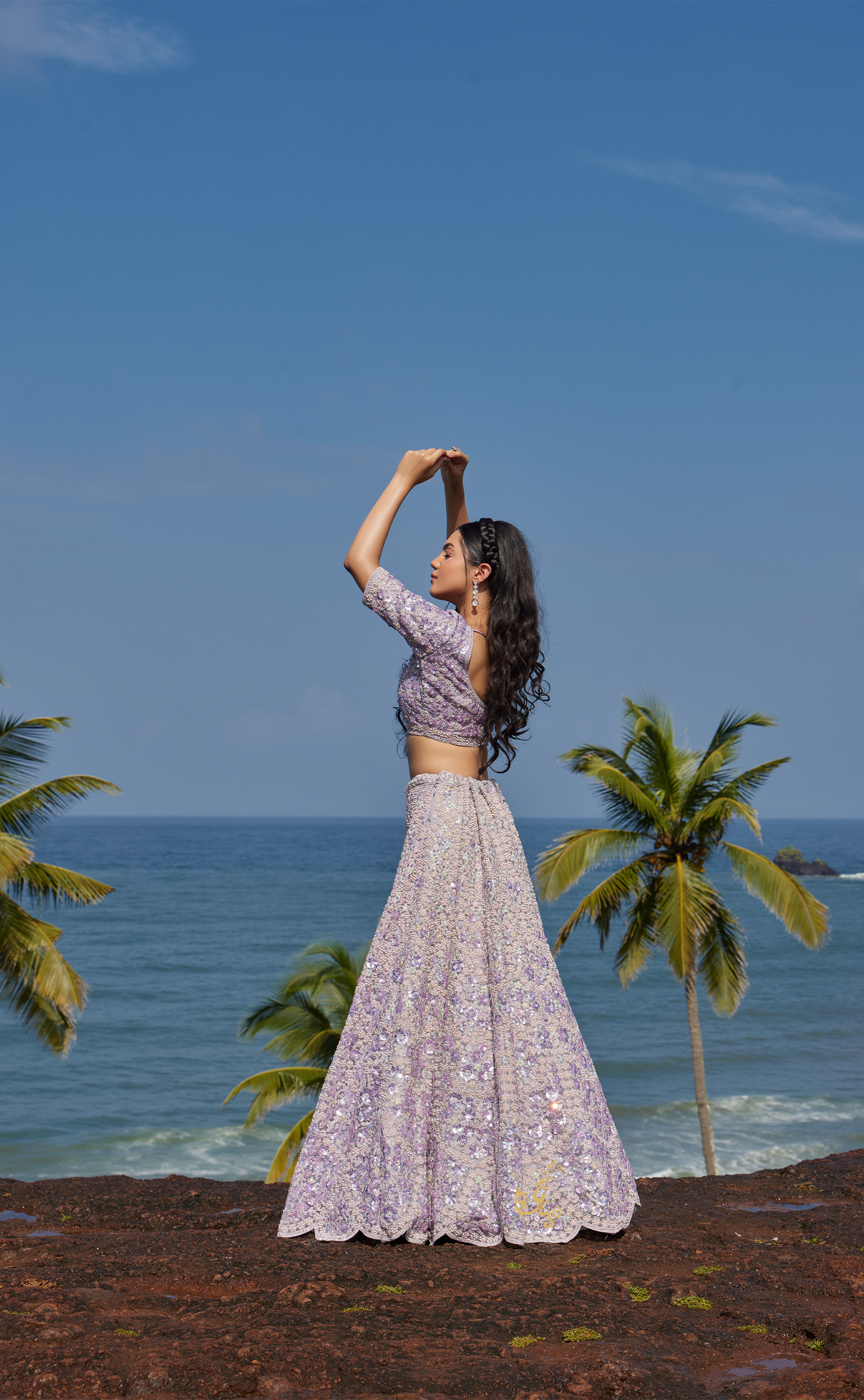 Lavender Embroidery Bridal Lehenga In Vegan Net