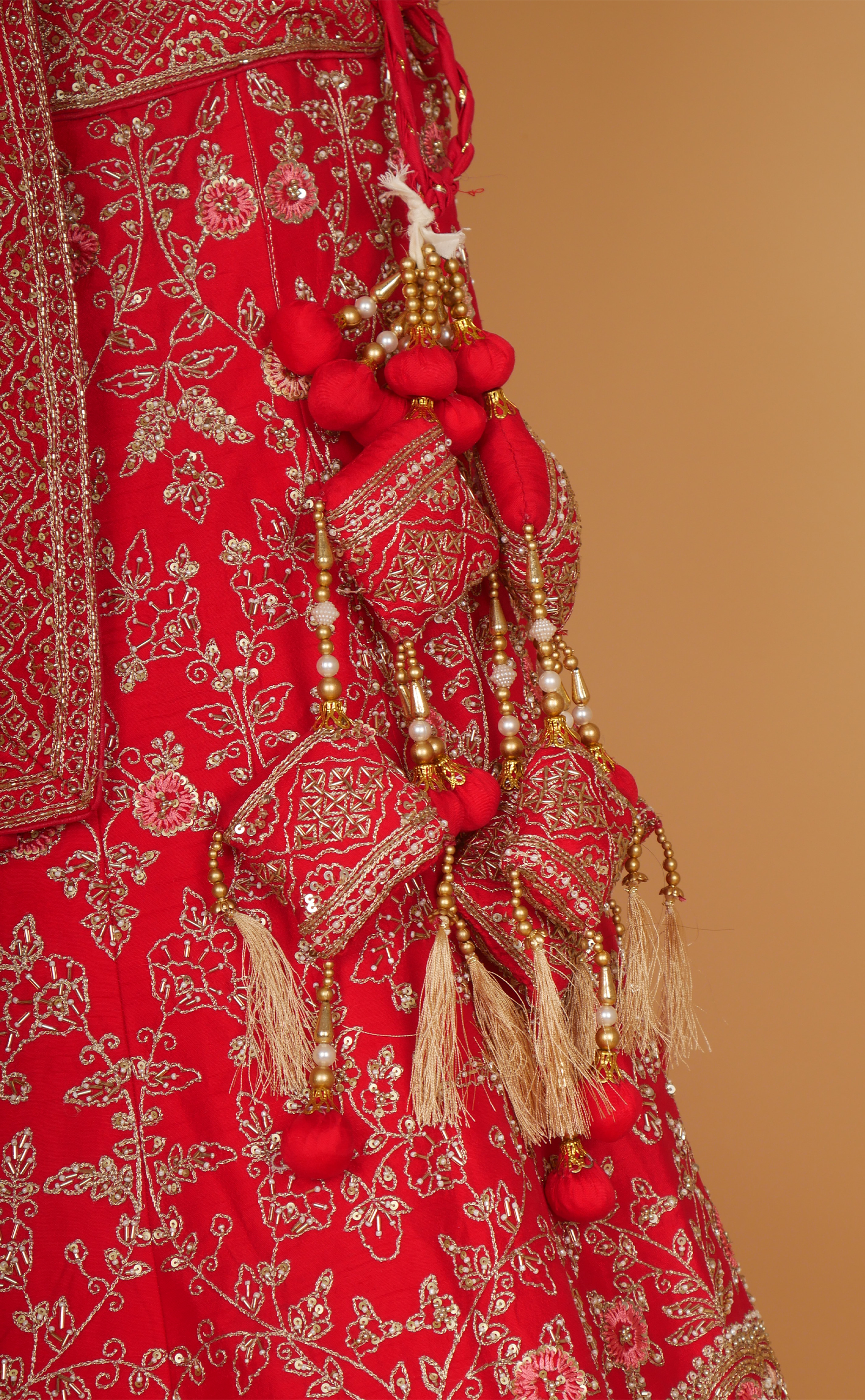 Red Mix Hand Embroidery Bridal Lehenga In Vegan Raw Silk