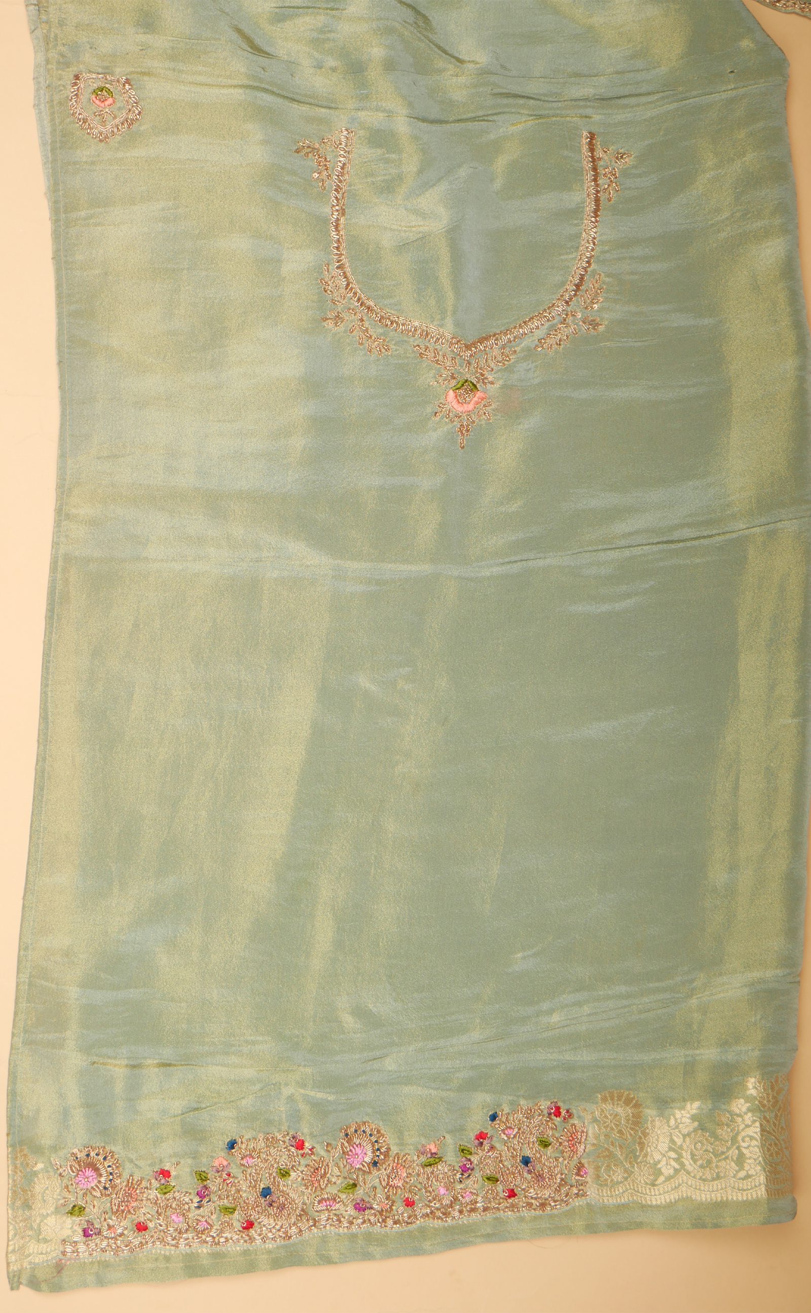 Dusty Green Hand Embroidery Bridal Saree In Vegan Banarasi Tissue Georgette