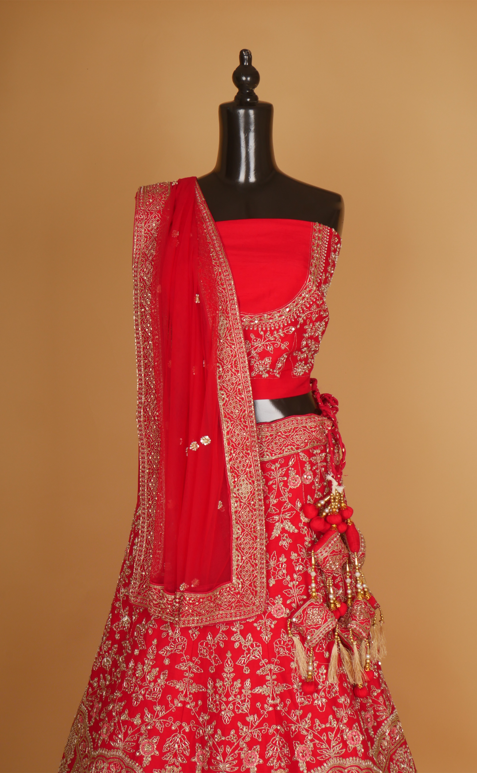 Red Mix Hand Embroidery Bridal Lehenga In Vegan Raw Silk