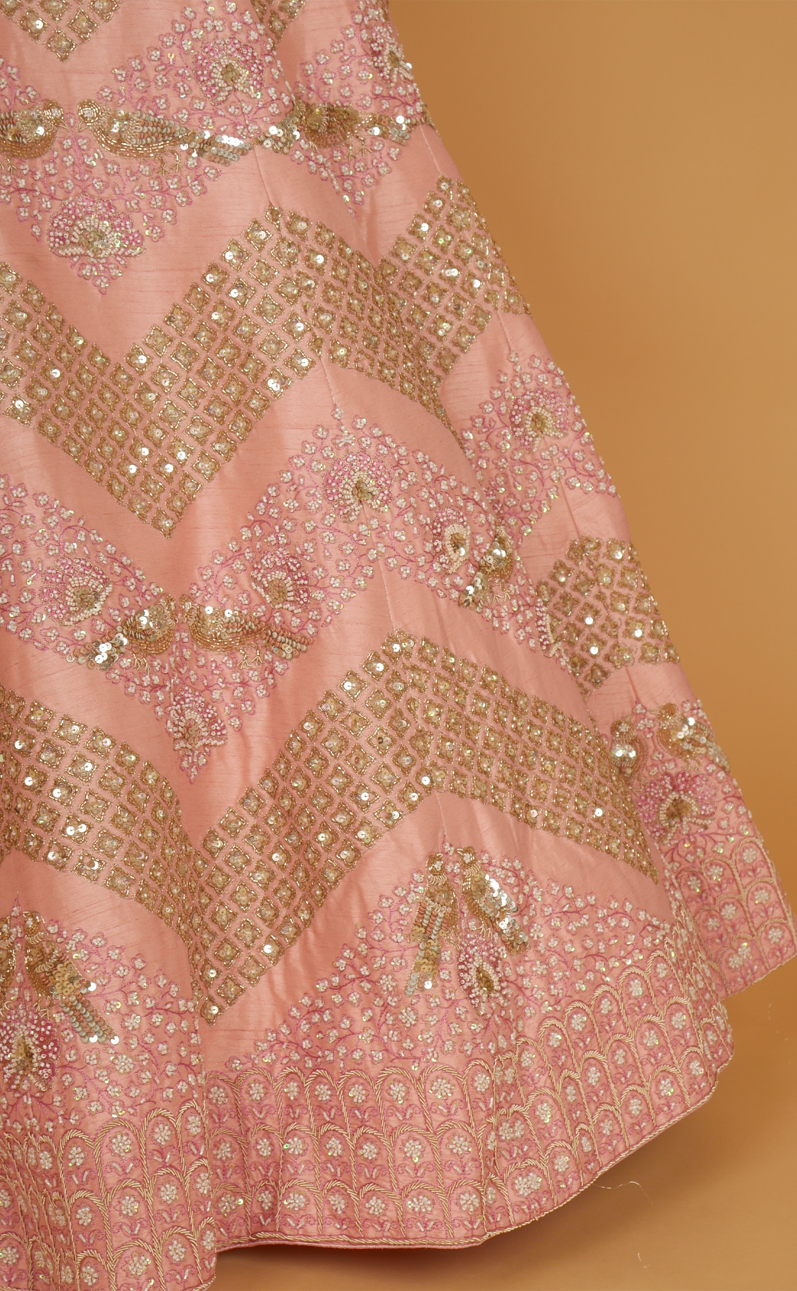 Pink Mix Hand Embroidery Bridal Lehenga In Vegan Raw Silk