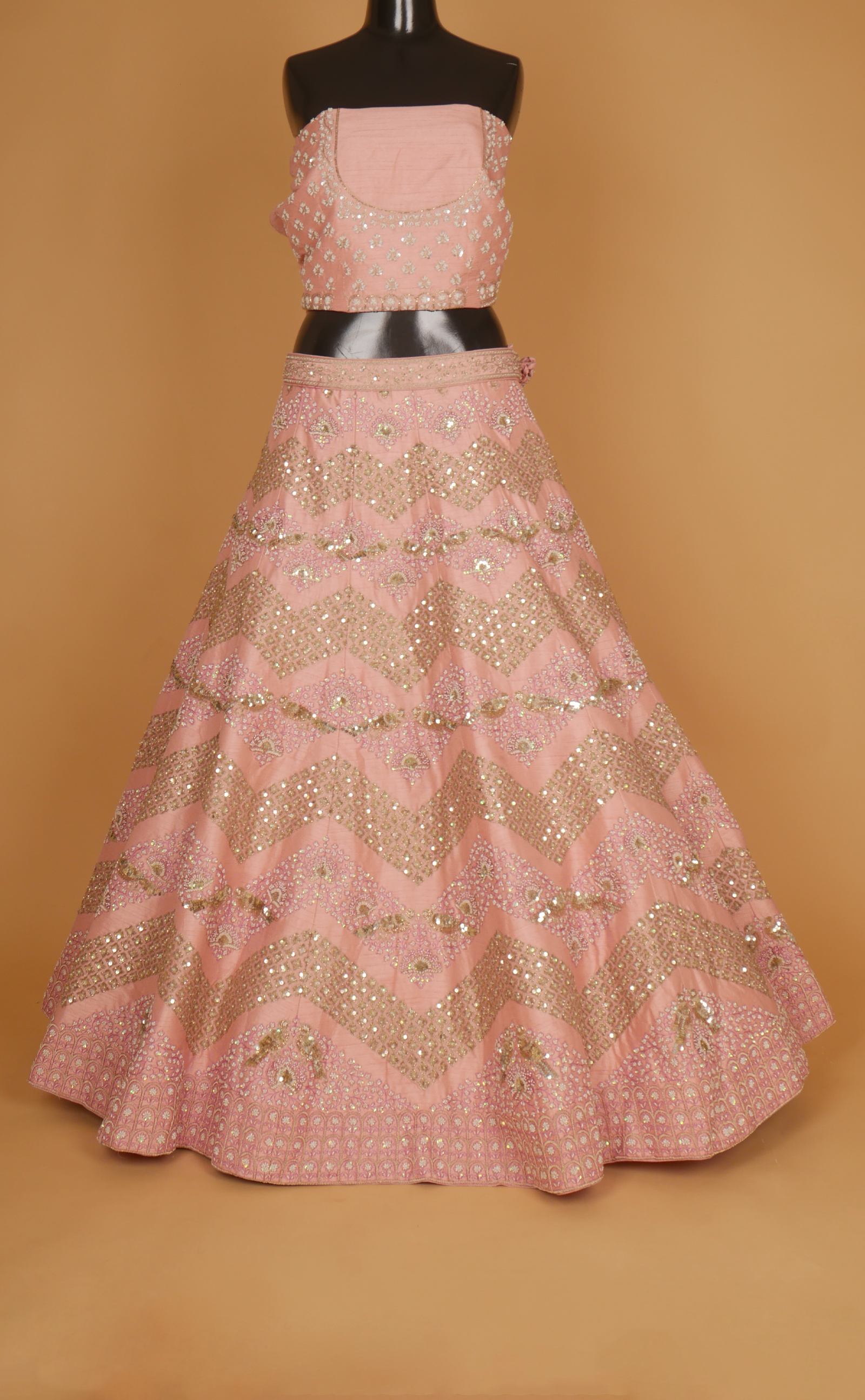 Pink Mix Hand Embroidery Bridal Lehenga In Vegan Raw Silk