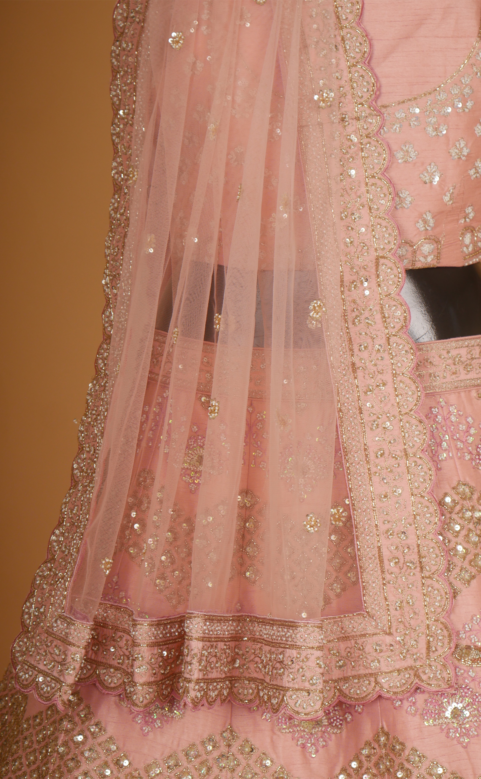 Pink Mix Hand Embroidery Bridal Lehenga In Vegan Raw Silk