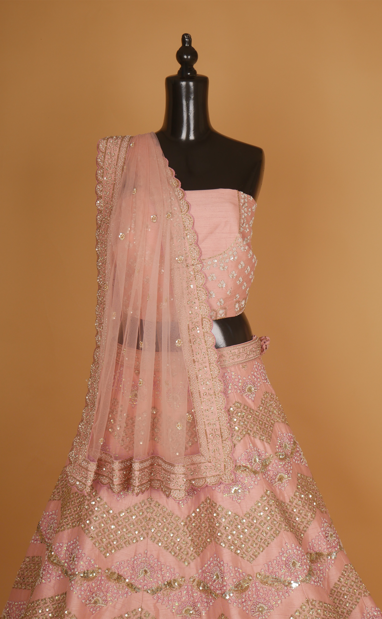 Pink Mix Hand Embroidery Bridal Lehenga In Vegan Raw Silk