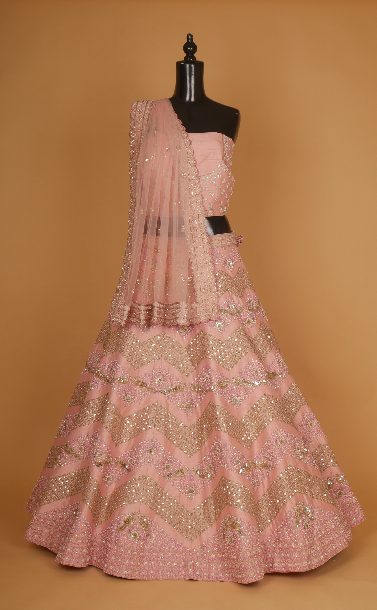 Pink Mix Hand Embroidery Bridal Lehenga In Vegan Raw Silk