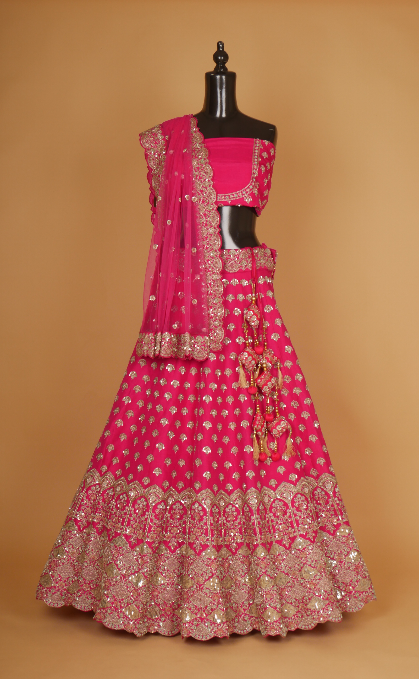 Rani Pink Mix Hand Embroidery Bridal Lehenga In Vegan Raw Silk