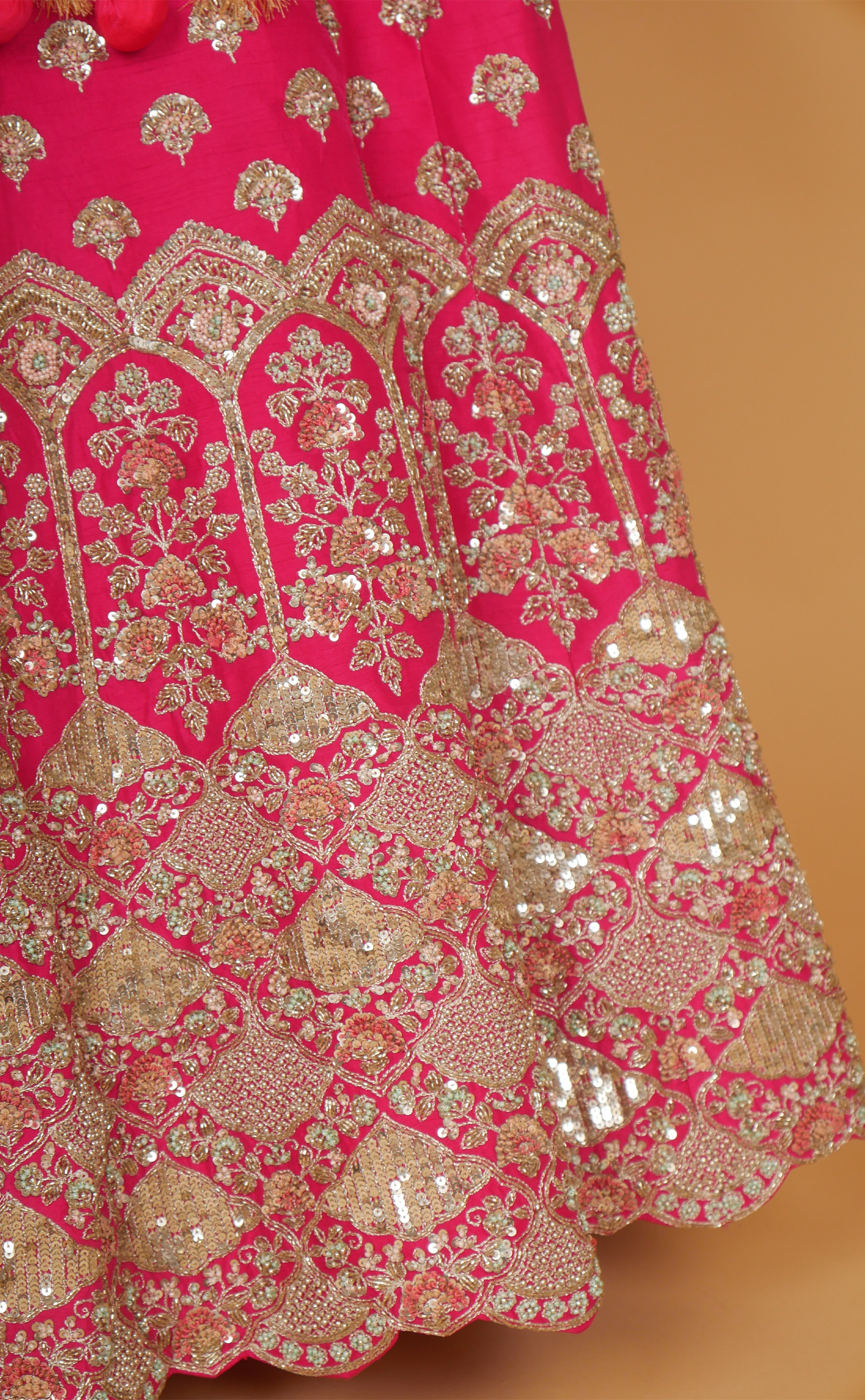 Rani Pink Mix Hand Embroidery Bridal Lehenga In Vegan Raw Silk