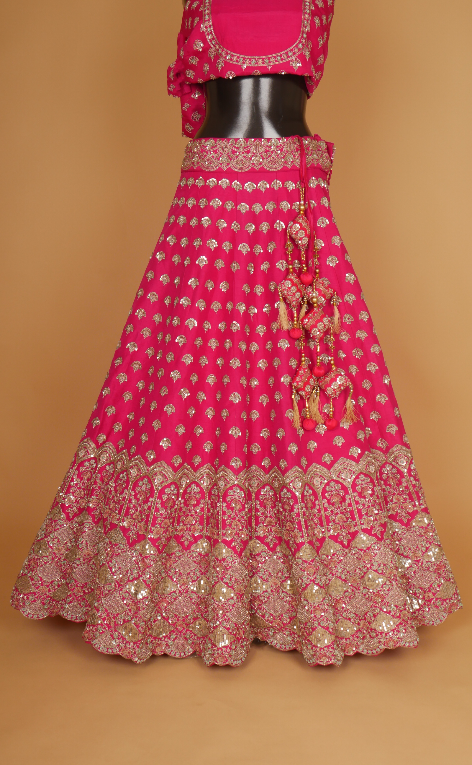 Rani Pink Mix Hand Embroidery Bridal Lehenga In Vegan Raw Silk