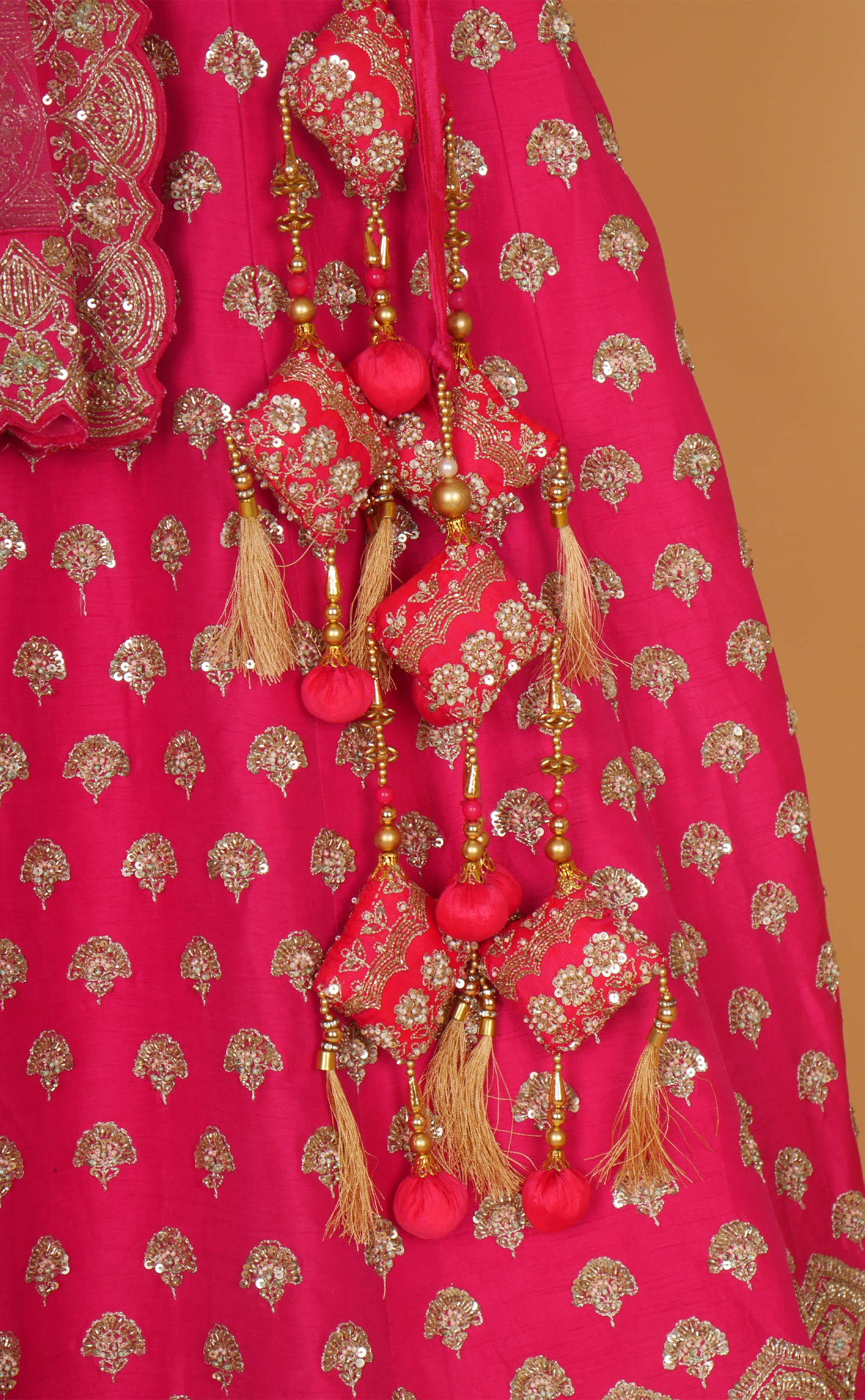 Rani Pink Mix Hand Embroidery Bridal Lehenga In Vegan Raw Silk