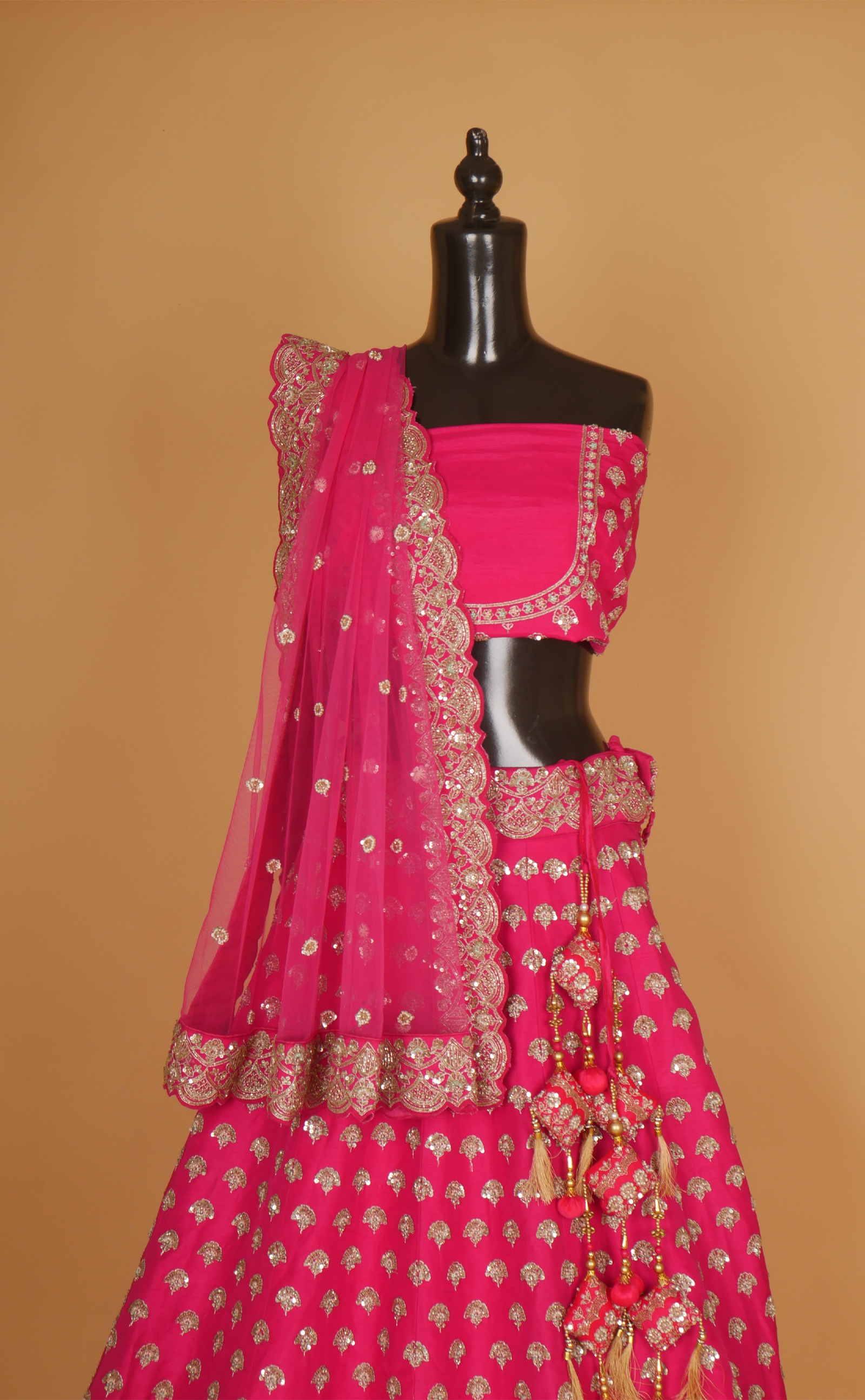 Rani Pink Mix Hand Embroidery Bridal Lehenga In Vegan Raw Silk