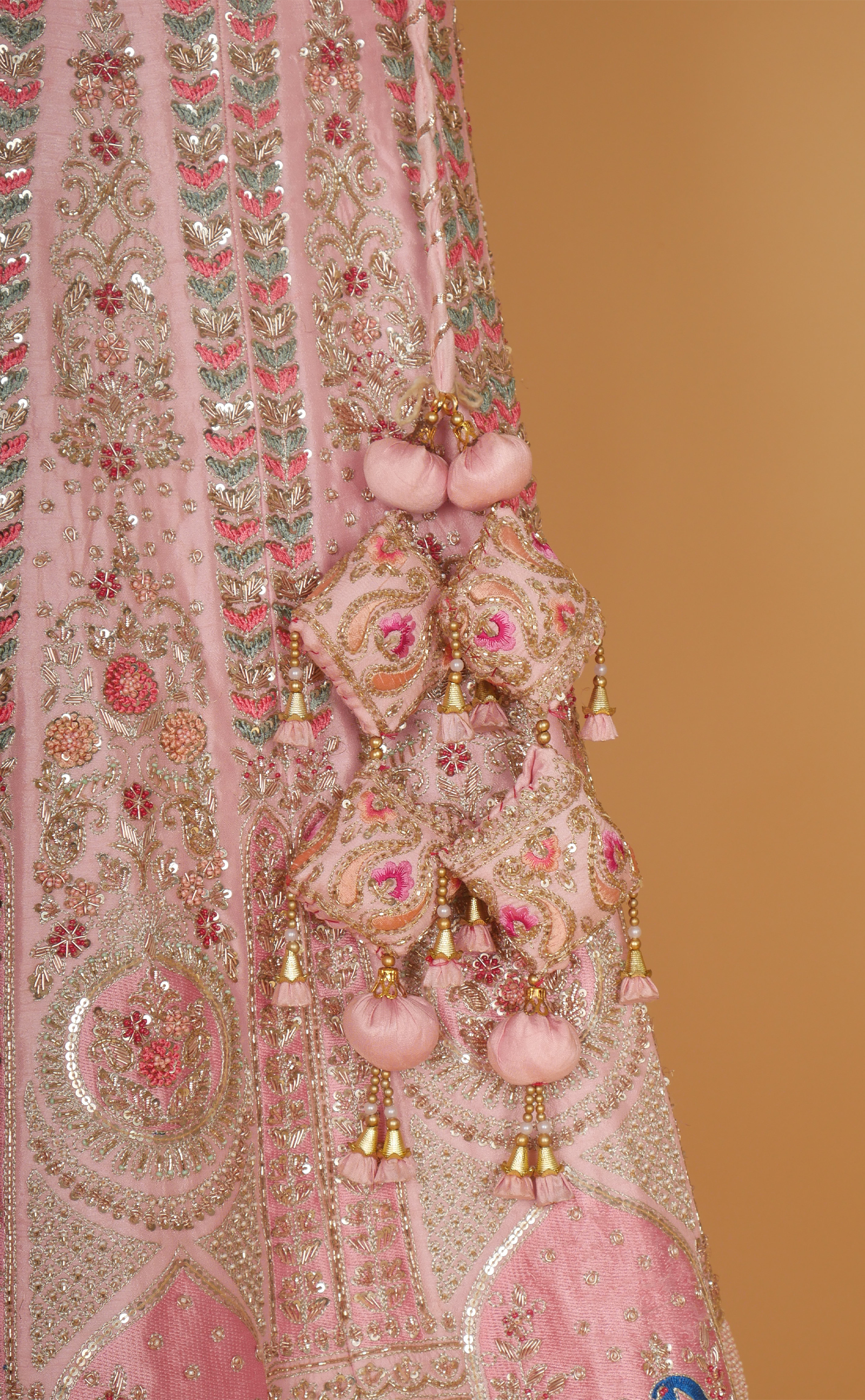 Soft Pink Mix Hand Embroidery Bridal Lehenga In Vegan Raw Silk