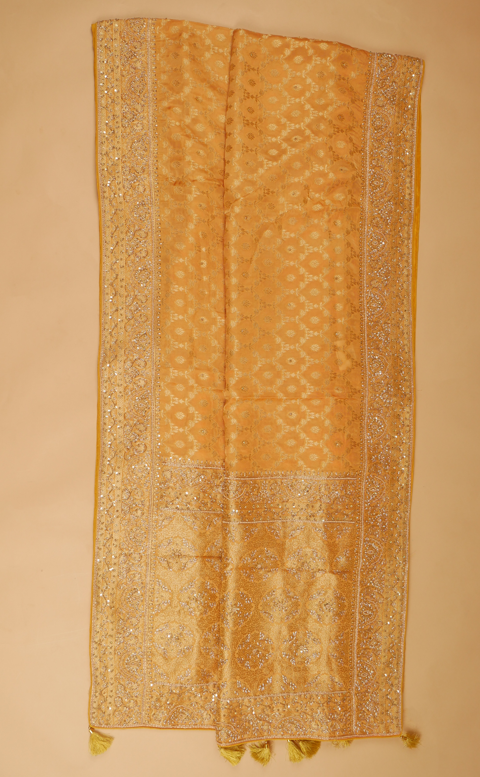 Mustard Hand Embroidery Bridal Saree In Vegan Banarasi Crepe