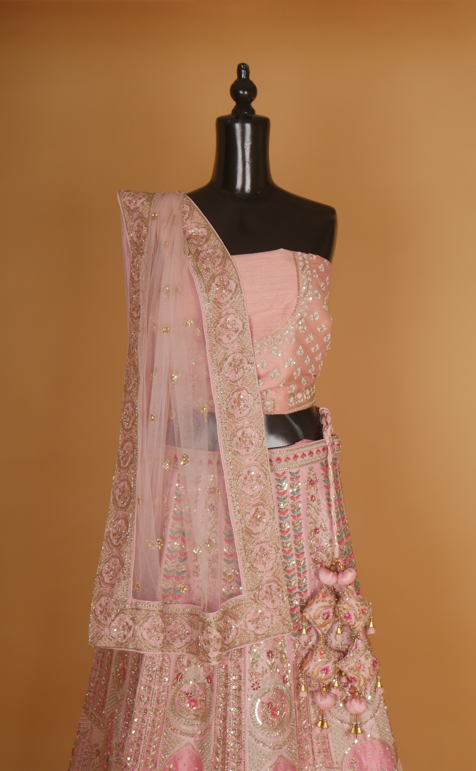 Soft Pink Mix Hand Embroidery Bridal Lehenga In Vegan Raw Silk