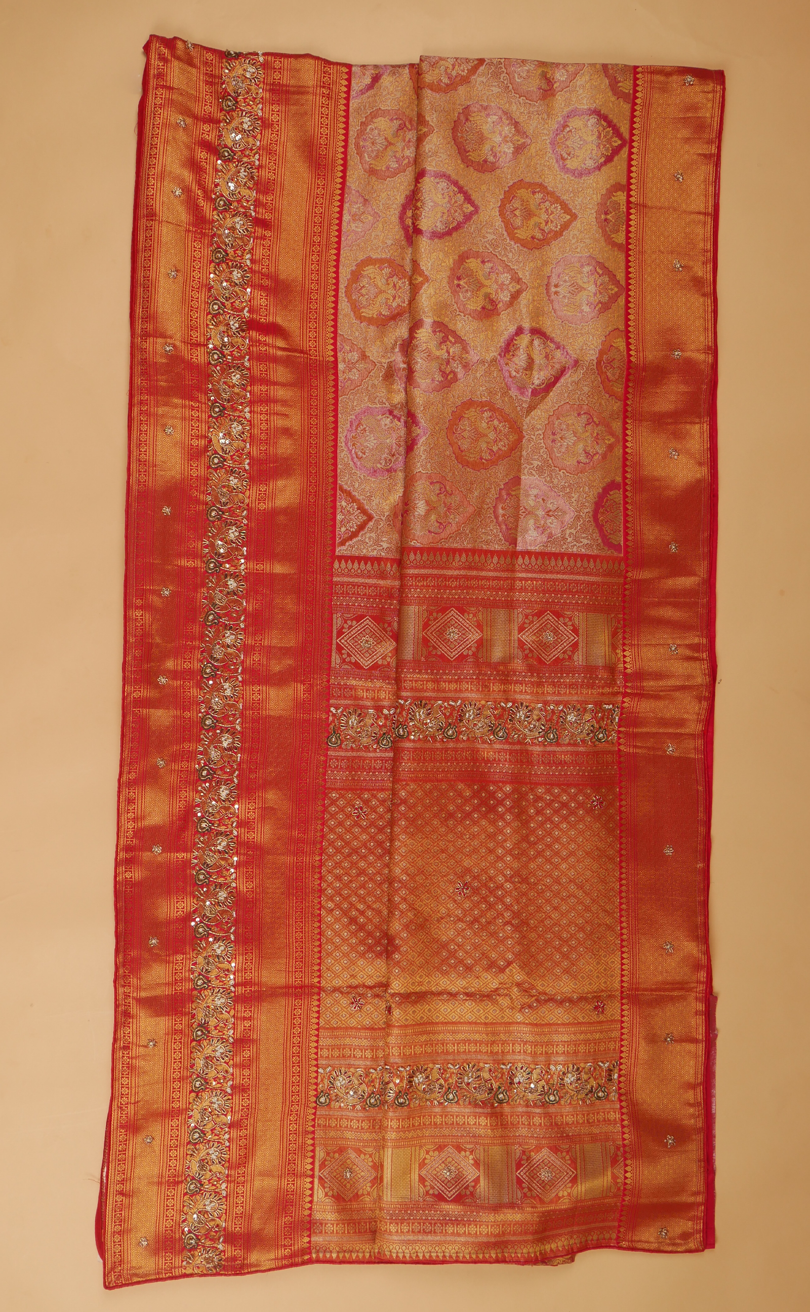 Red Hand Embroidery Bridal Saree In Vegan Tissue Kanjivaram