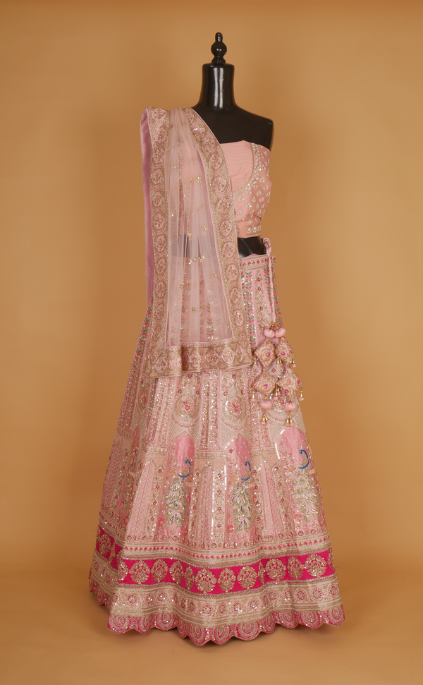 Soft Pink Mix Hand Embroidery Bridal Lehenga In Vegan Raw Silk