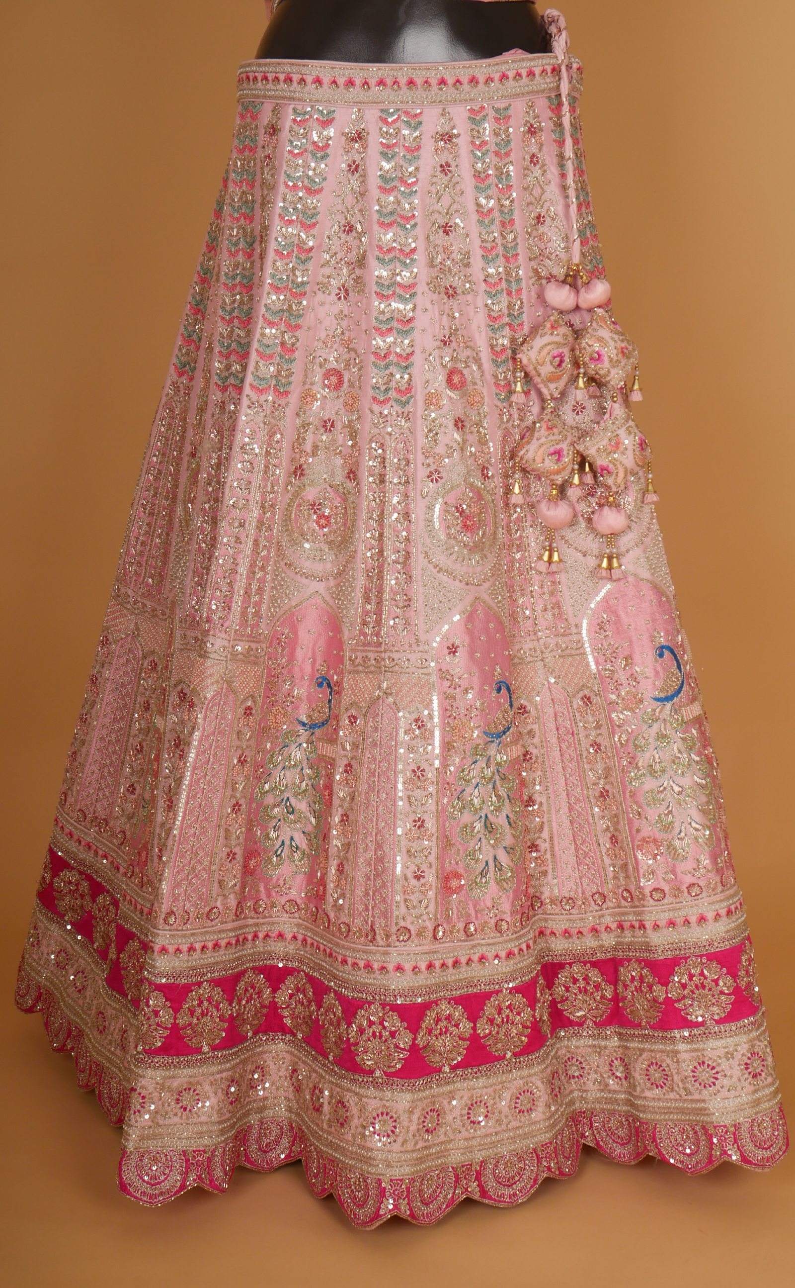 Soft Pink Mix Hand Embroidery Bridal Lehenga In Vegan Raw Silk