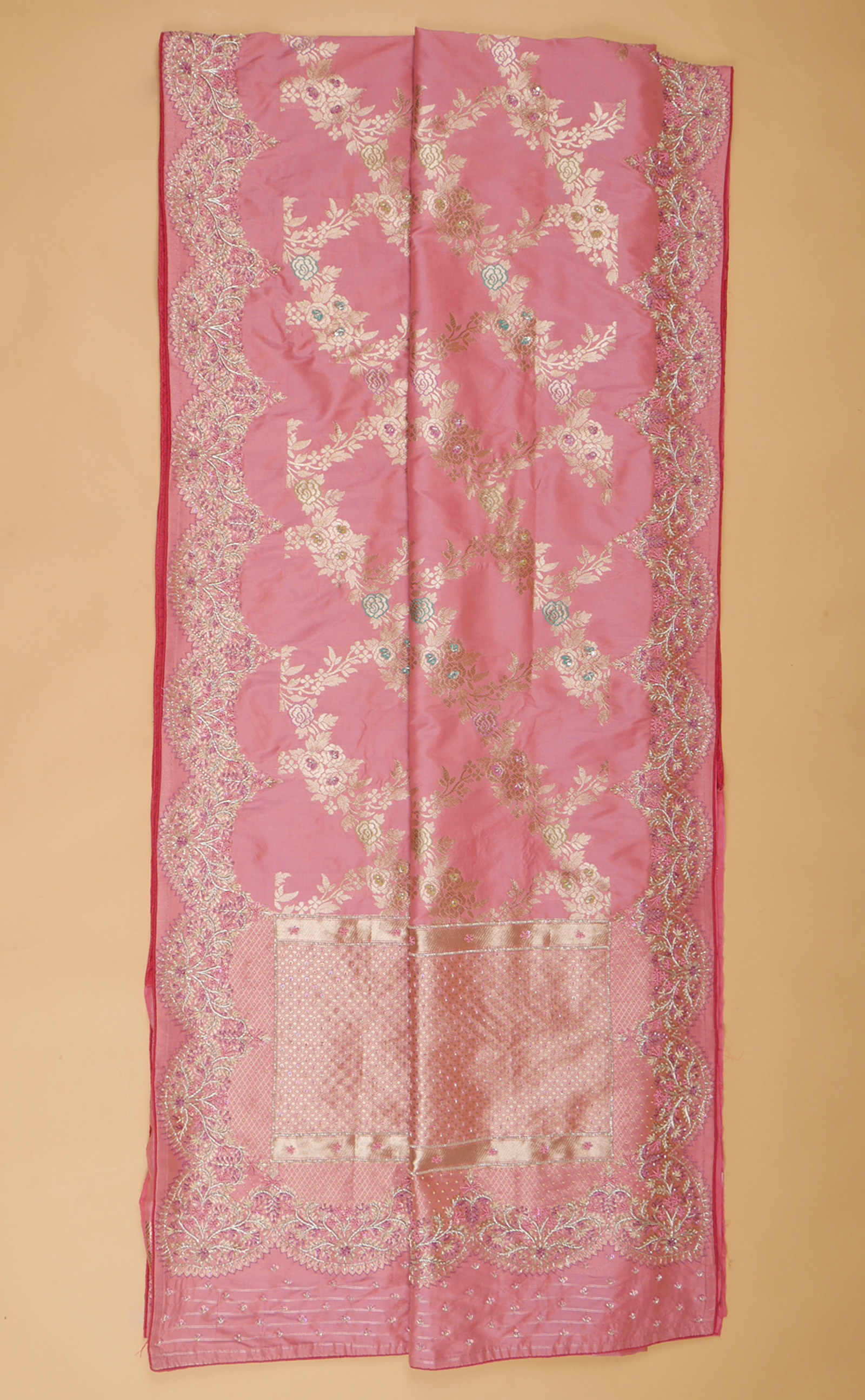 Pink Hand Embroidery Bridal Saree In Vegan Silk Banarasi