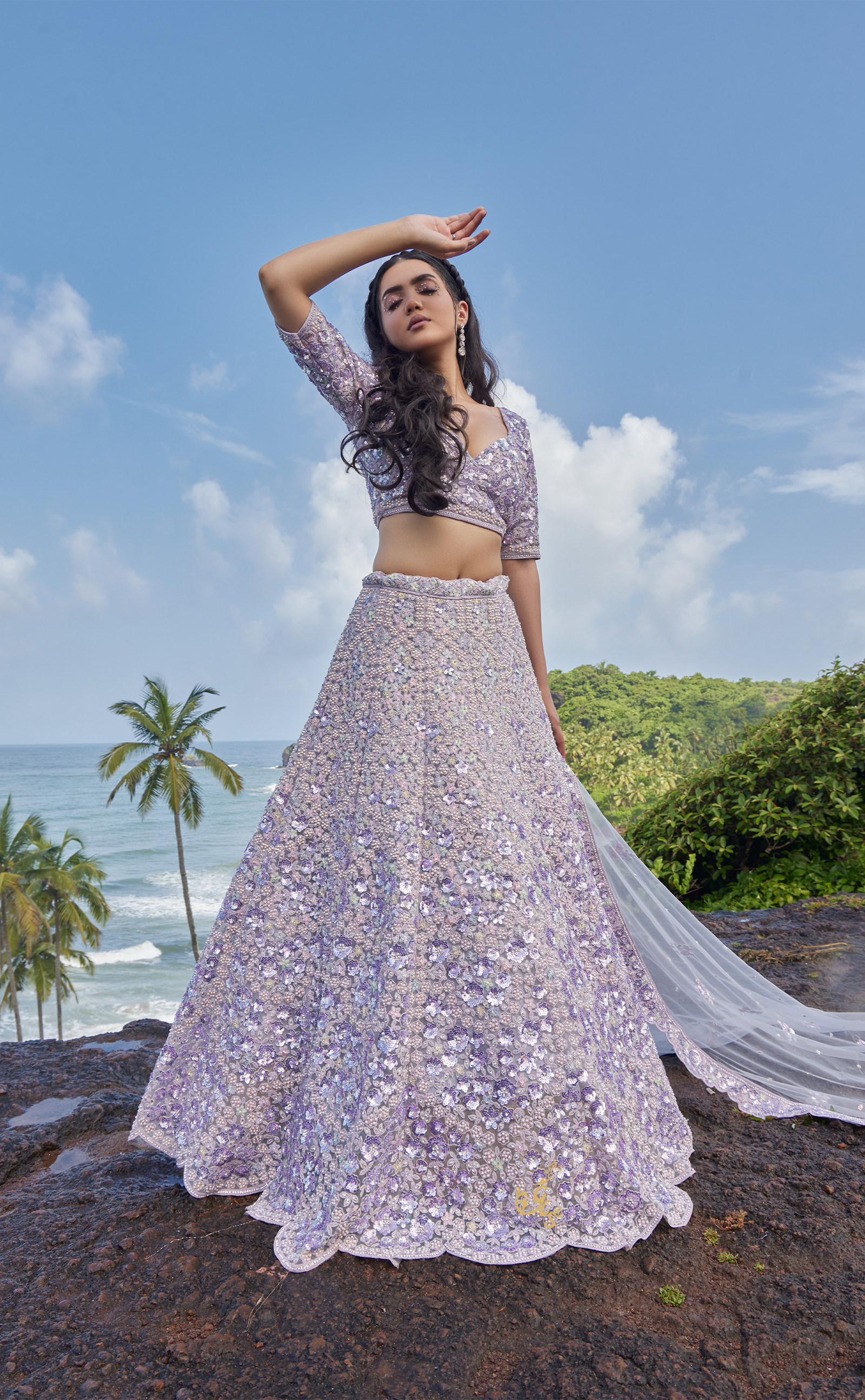 Lavender Embroidery Bridal Lehenga In Vegan Net