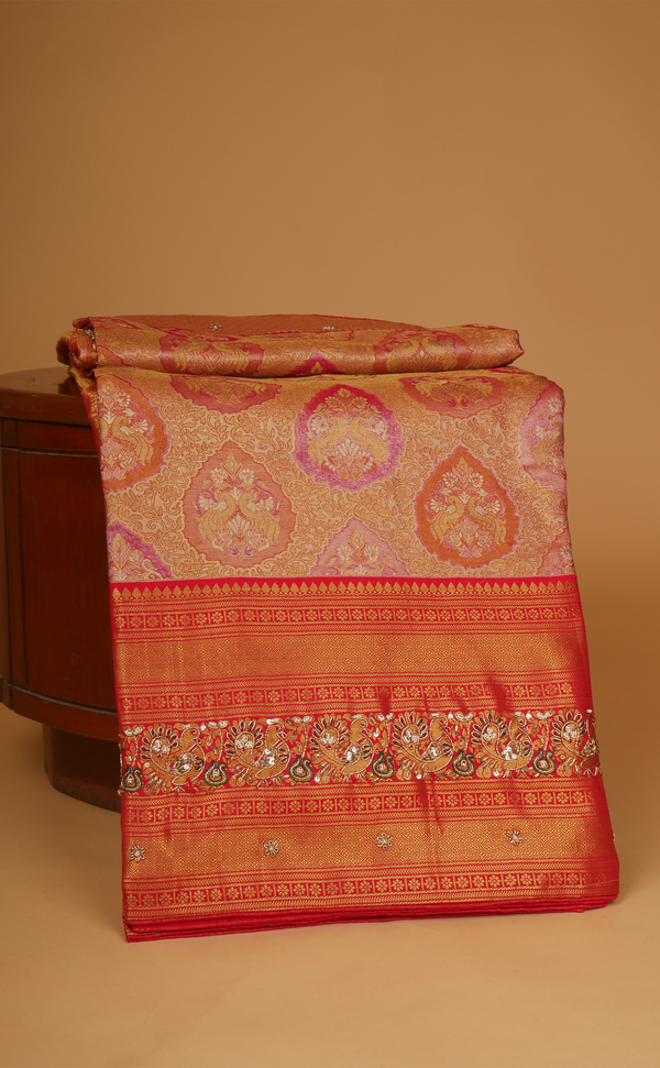 Red Hand Embroidery Bridal Saree In Vegan Tissue Kanjivaram