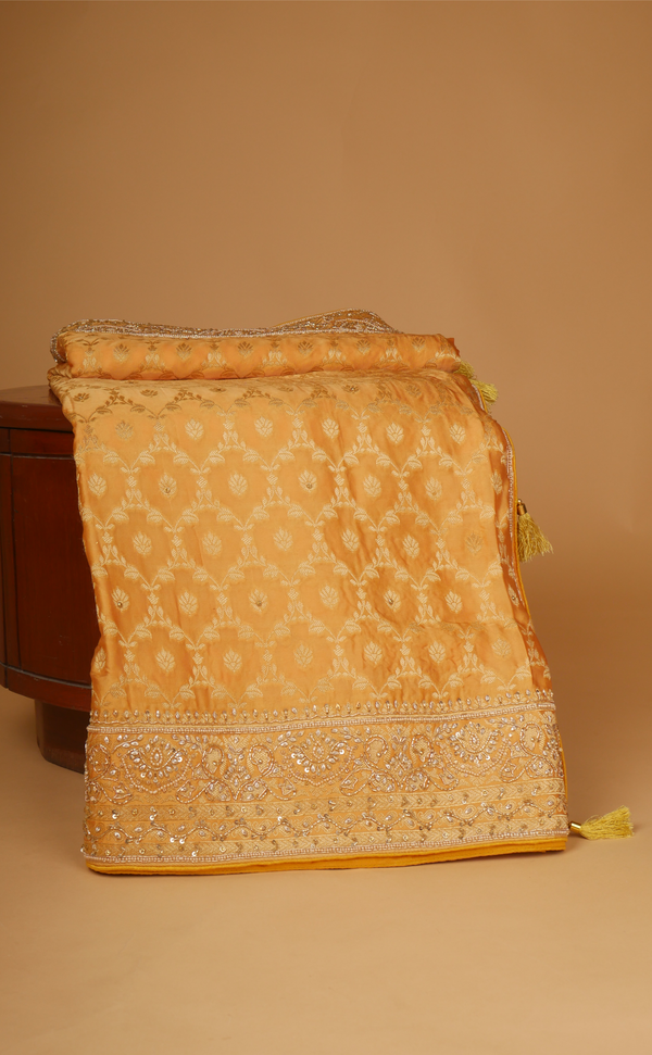 Mustard Hand Embroidery Bridal Saree In Vegan Banarasi Crepe