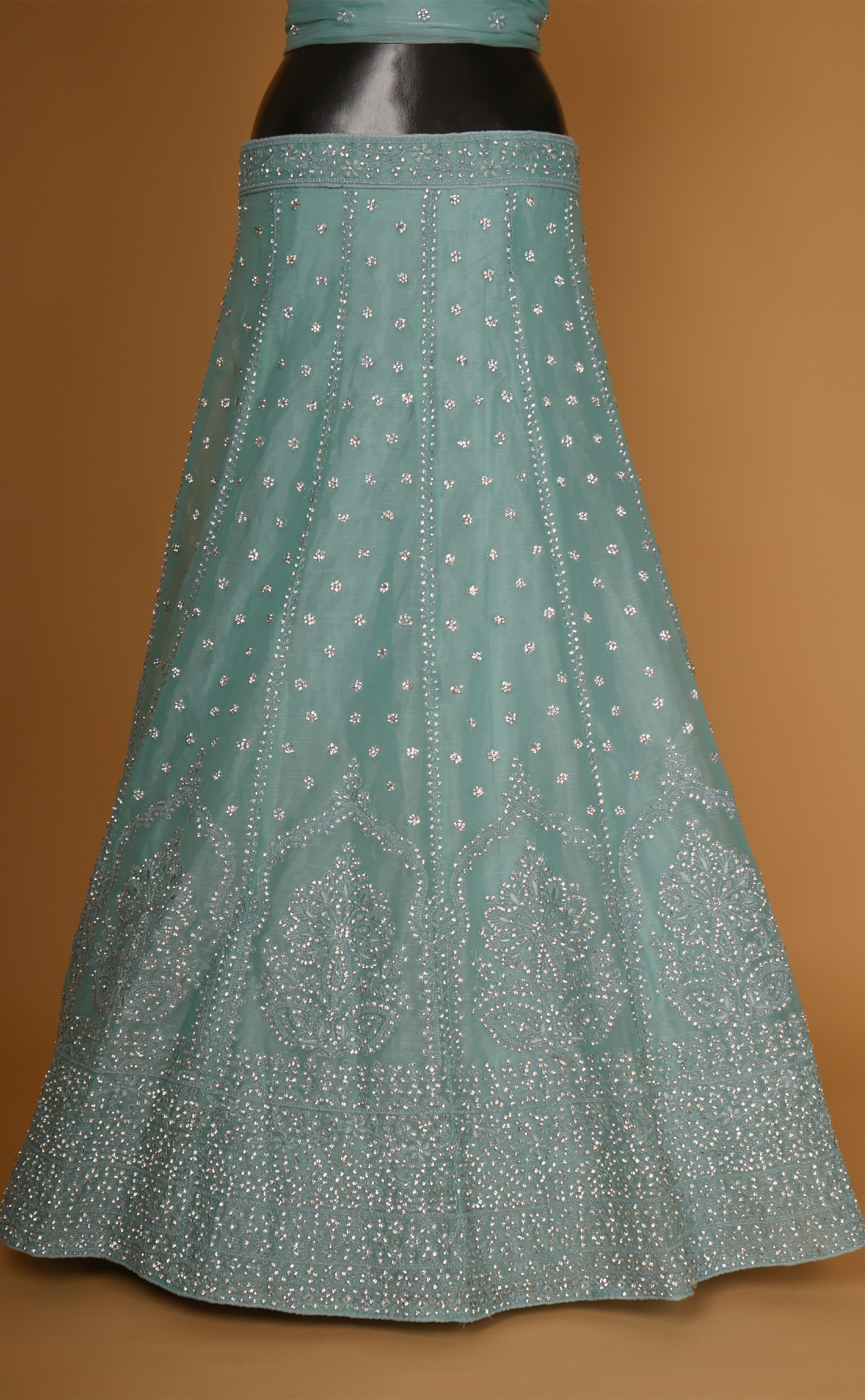 Dusty Blue Embroidered Lehenga In Vegan Tissue Georgette