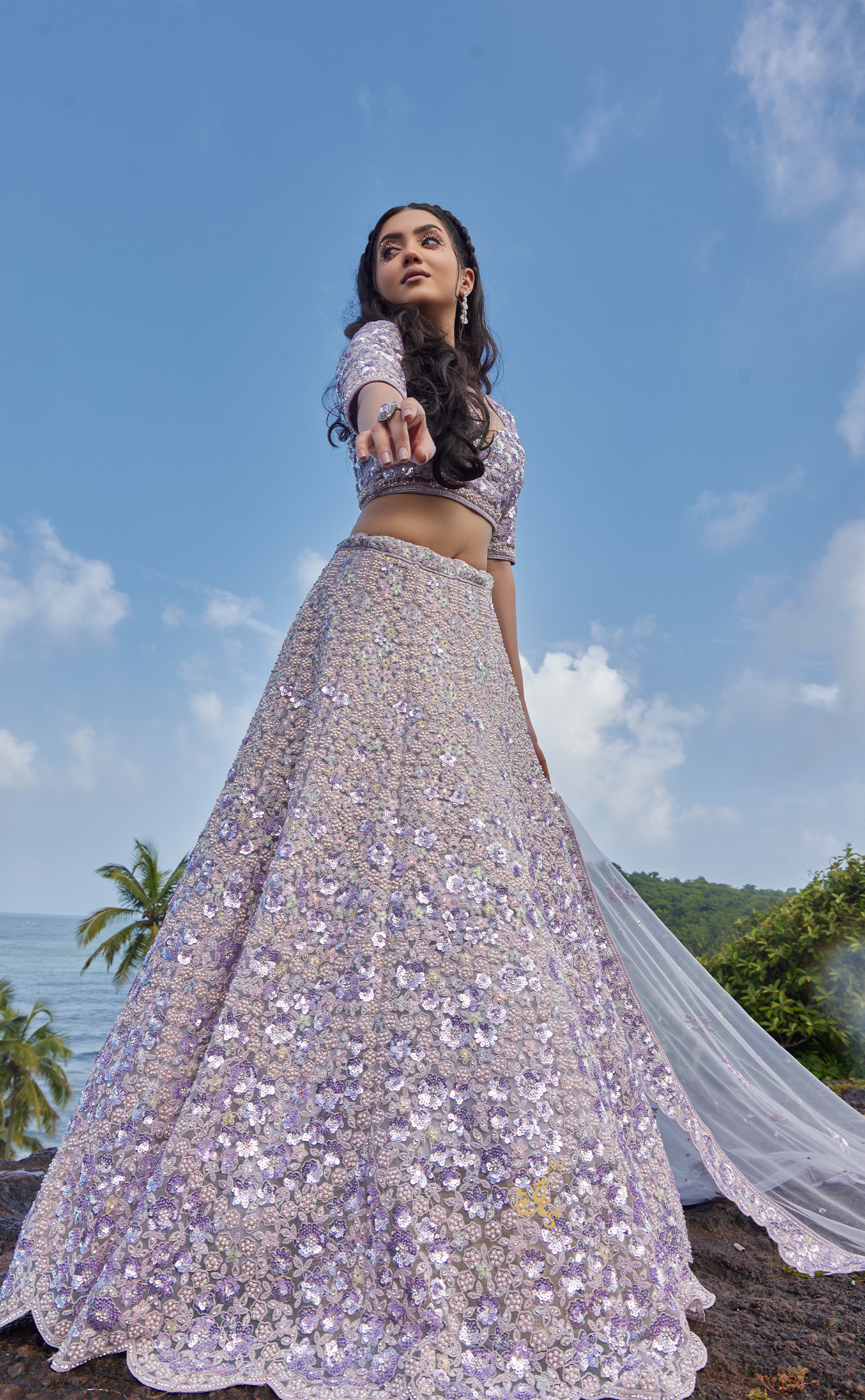 Lavender Embroidery Bridal Lehenga In Vegan Net