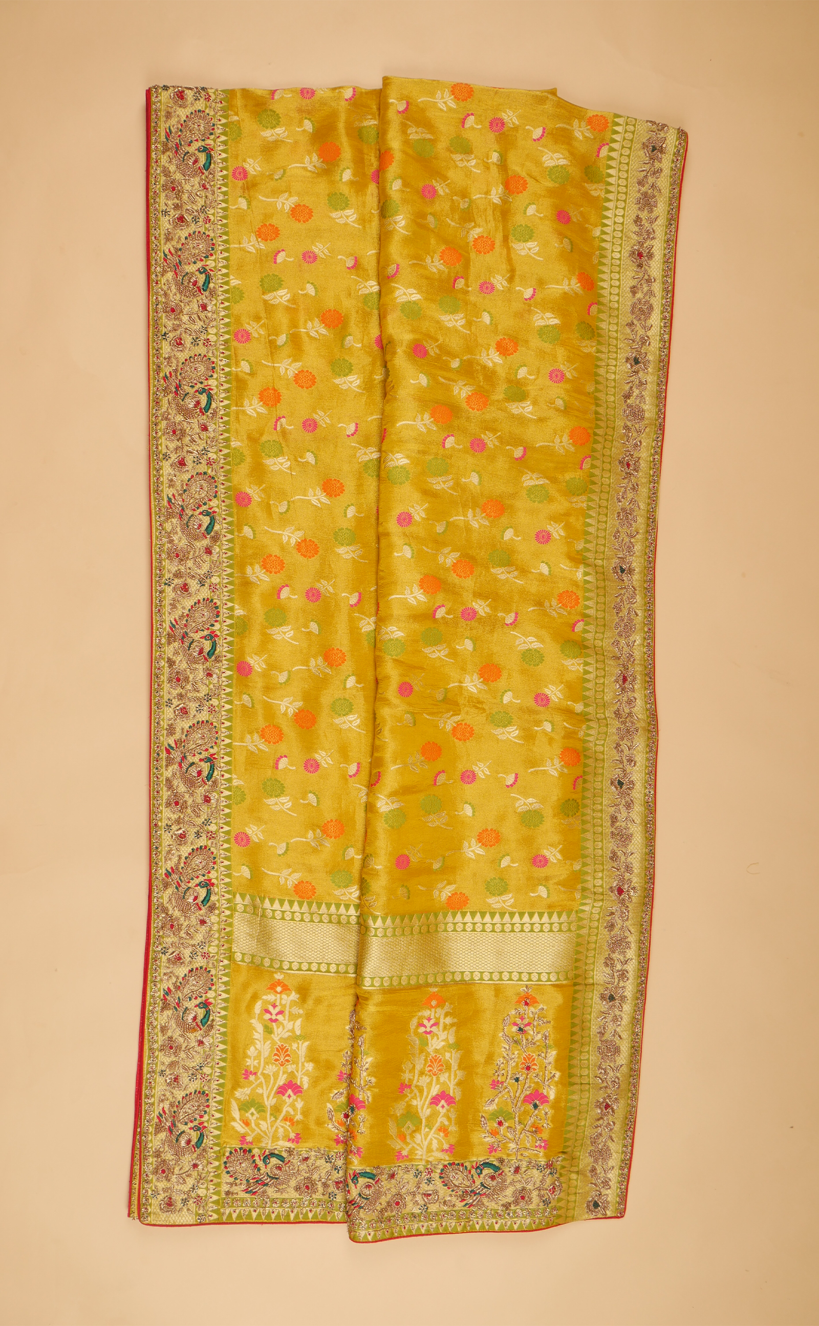 Mustard Hand Embroidery Bridal Saree In Vegan Banarasi Tissue Georgette