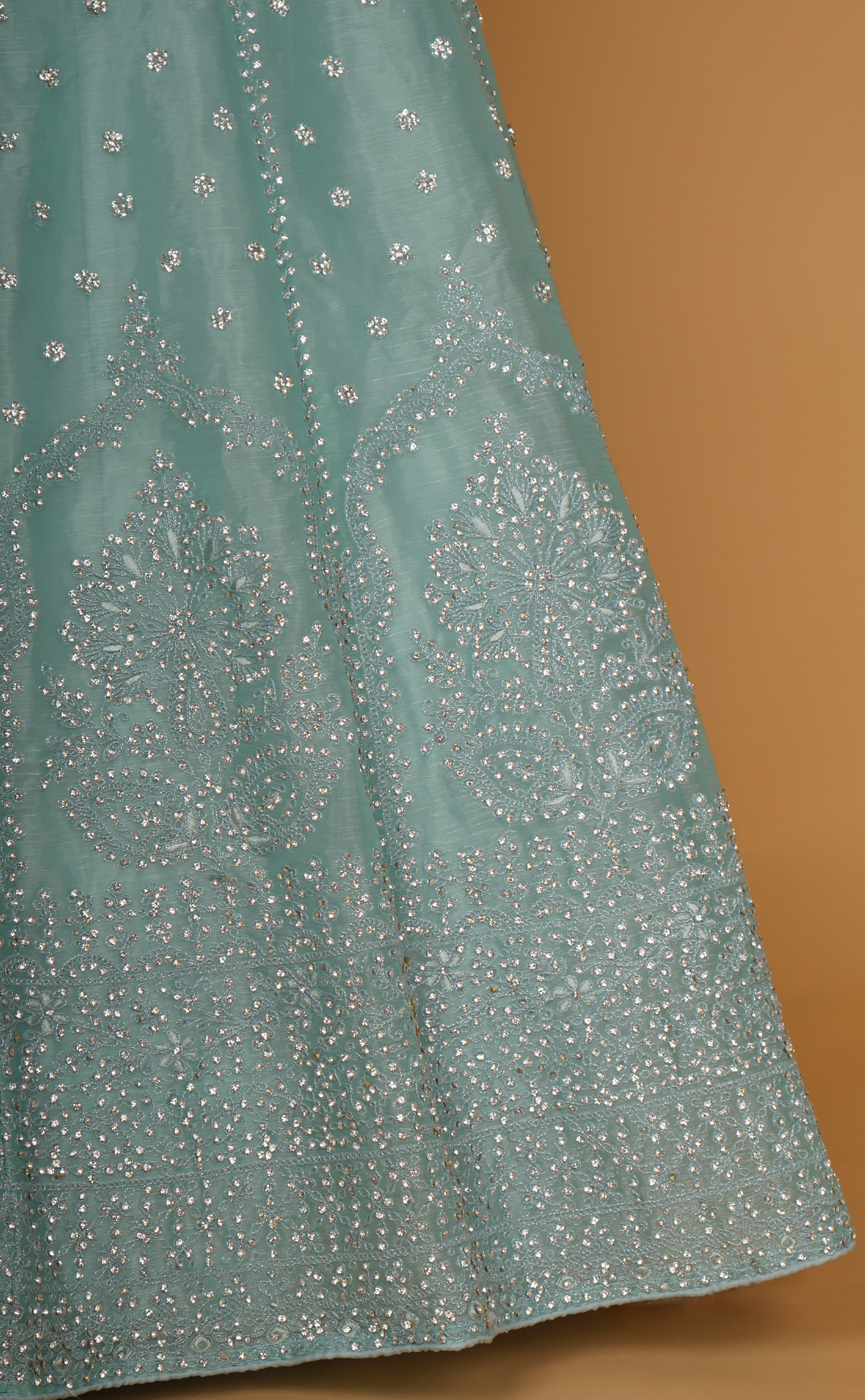 Dusty Blue Embroidered Lehenga In Vegan Tissue Georgette