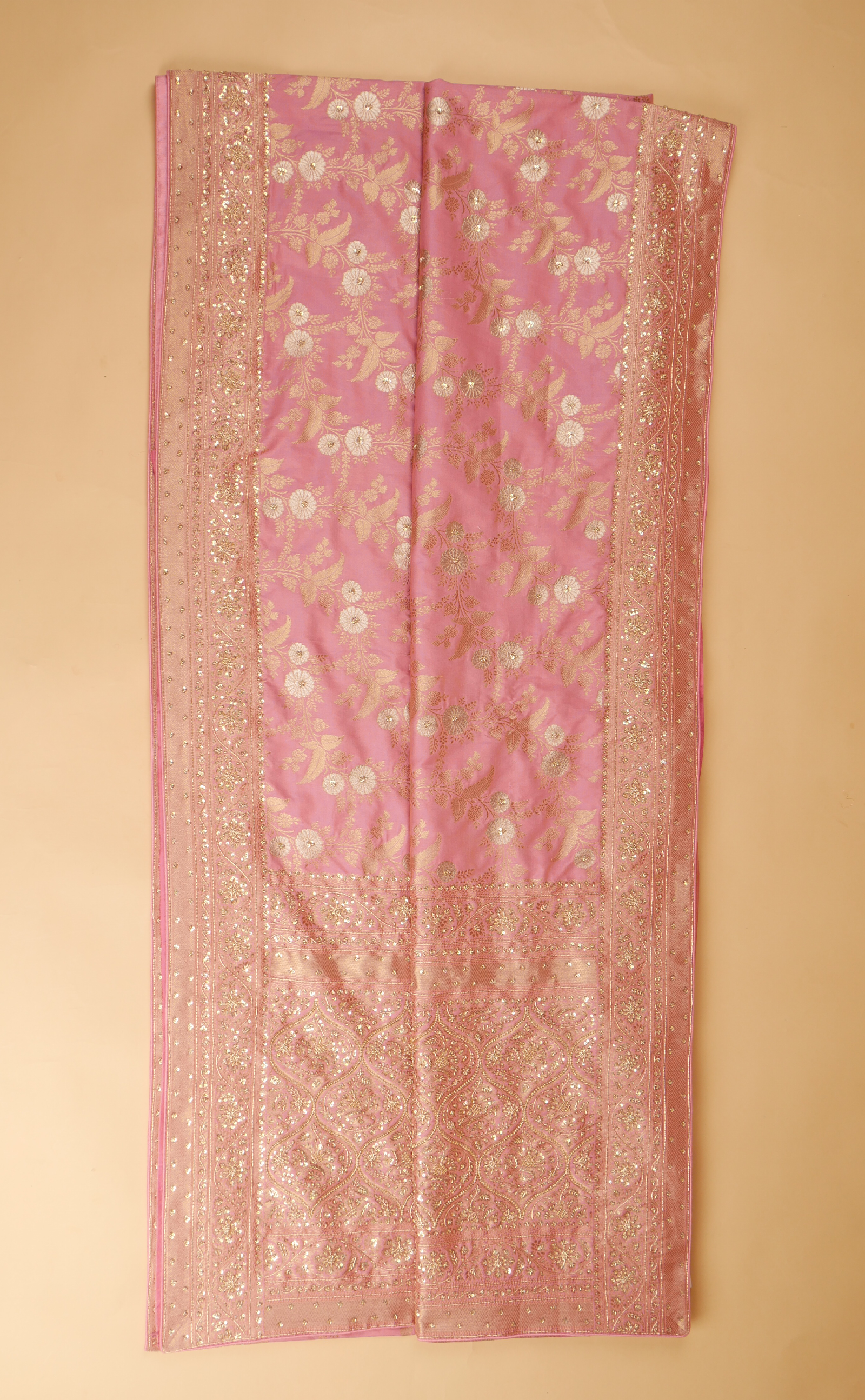 Pink Hand Embroidery Bridal Saree In Vegan Silk Banarasi