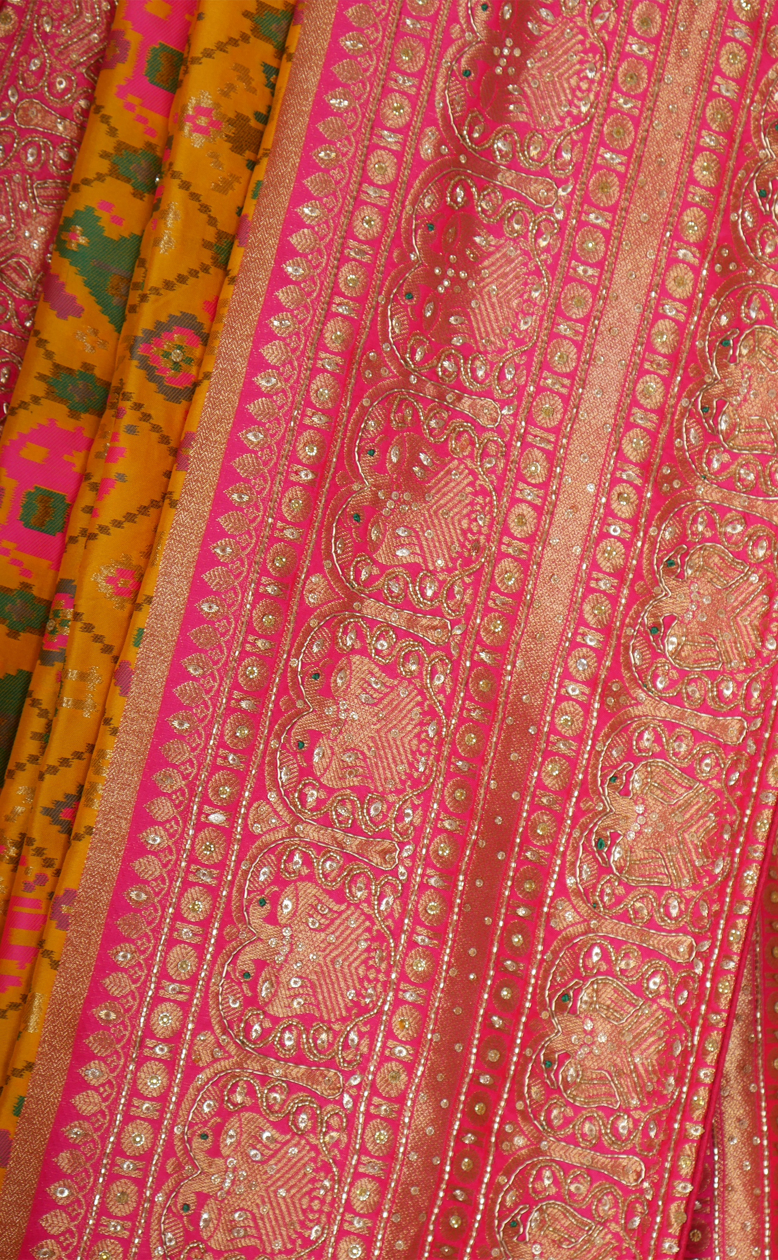 Yellow Hand Embroidery Bridal Saree In Vegan Silk Patola