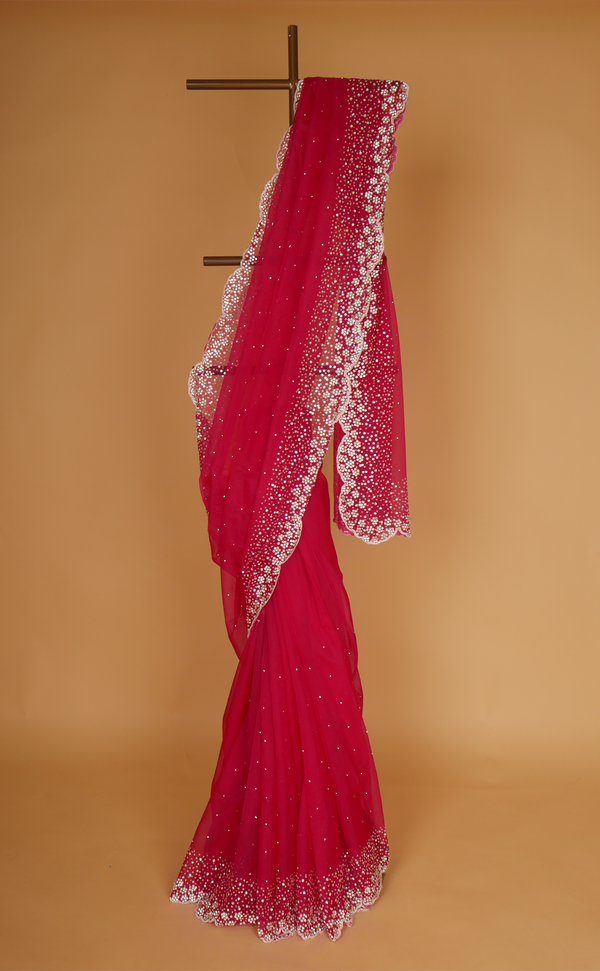 Rani Hand Embroidery Saree In Vegan Soft Organza