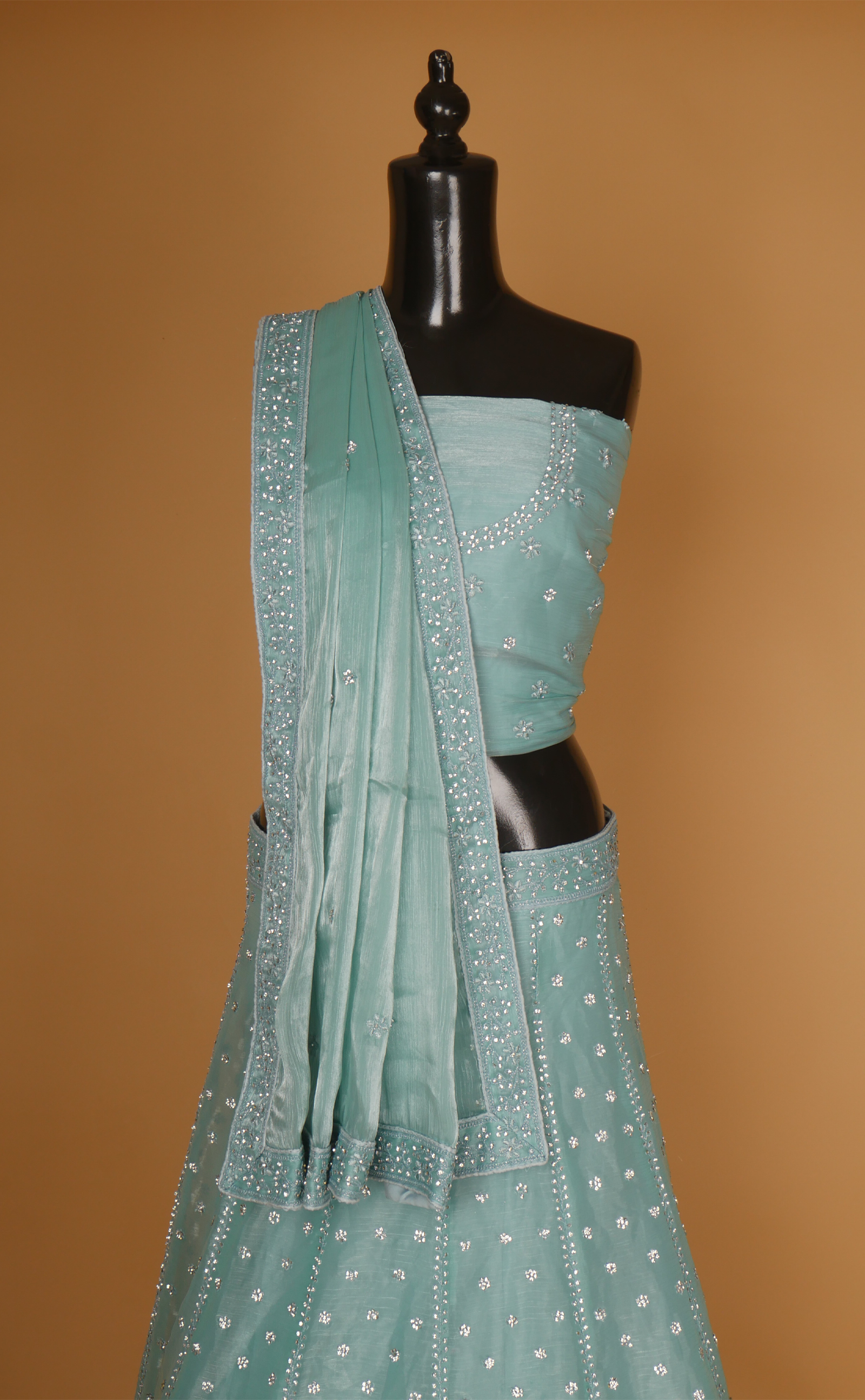 Dusty Blue Embroidered Lehenga In Vegan Tissue Georgette