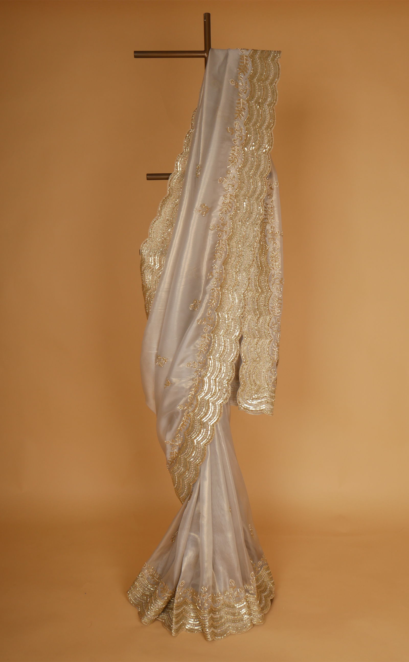 Grey Hand Embroidery Saree In Vegan Soft Organza