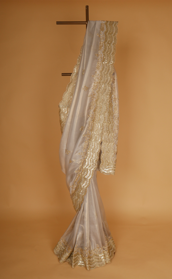 Grey Hand Embroidery Saree In Vegan Soft Organza