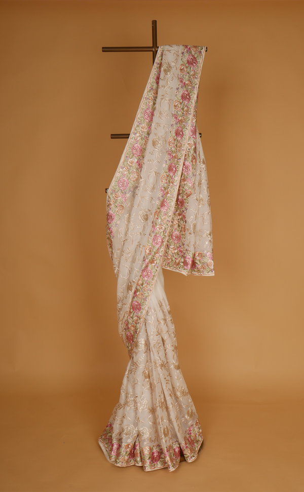 Off-White Parsi Jaal Embroidery Saree In Vegan Georgette