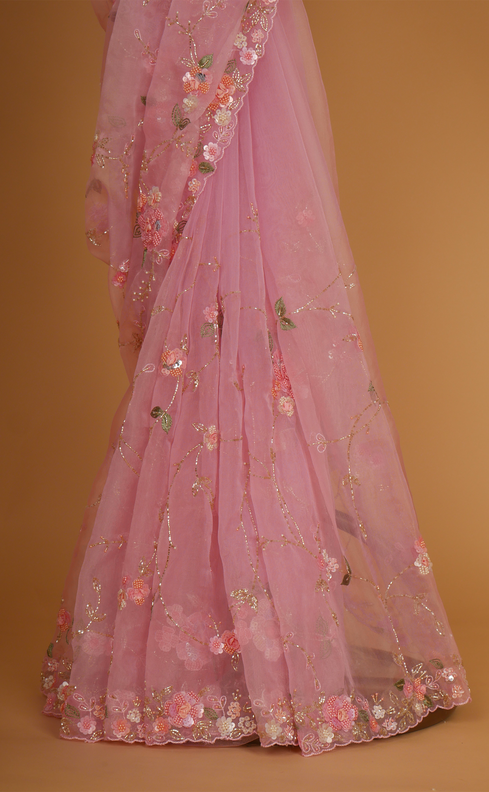 Ice Pink Hand Embroidery Saree In Vegan Soft Organza