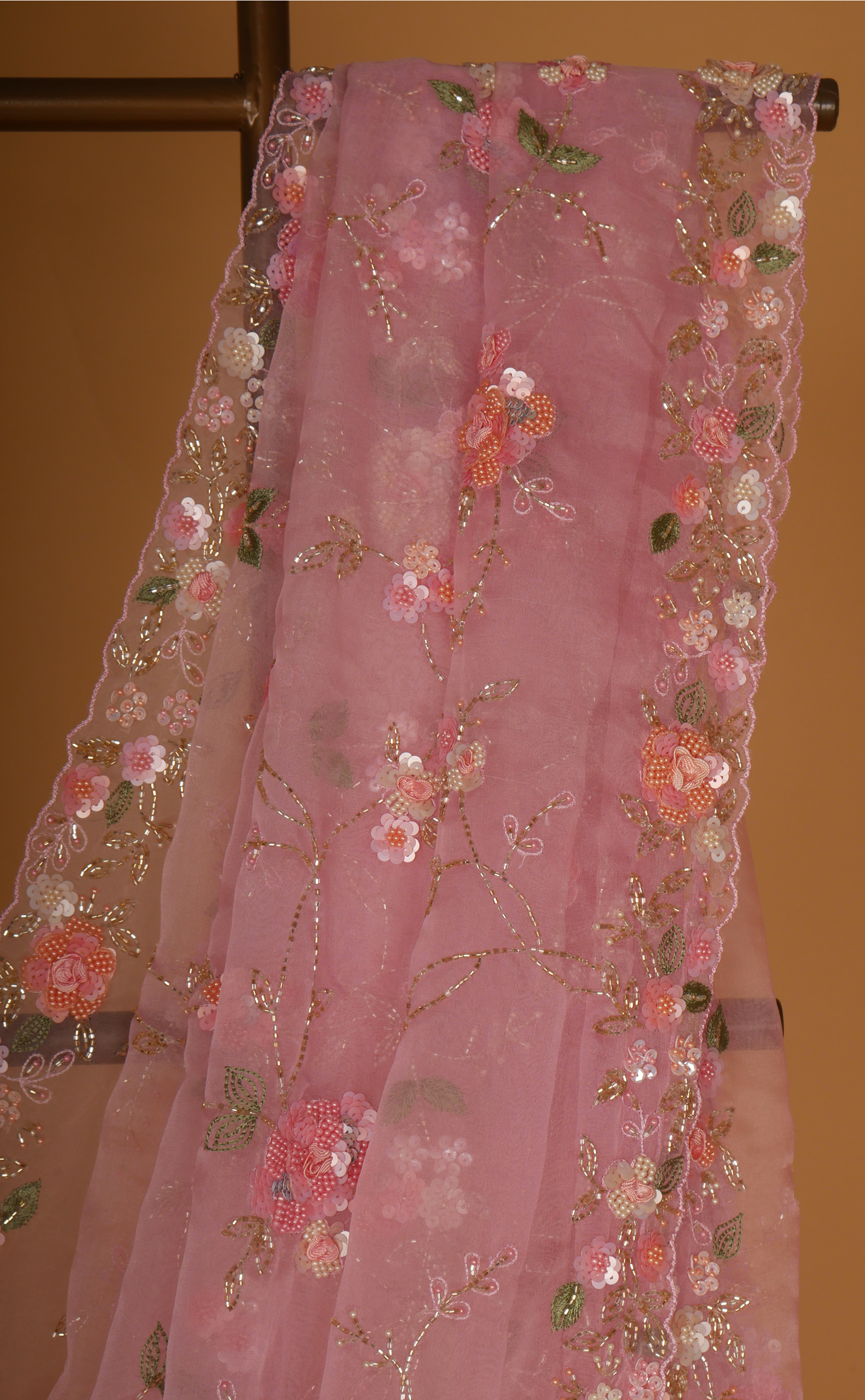 Ice Pink Hand Embroidery Saree In Vegan Soft Organza