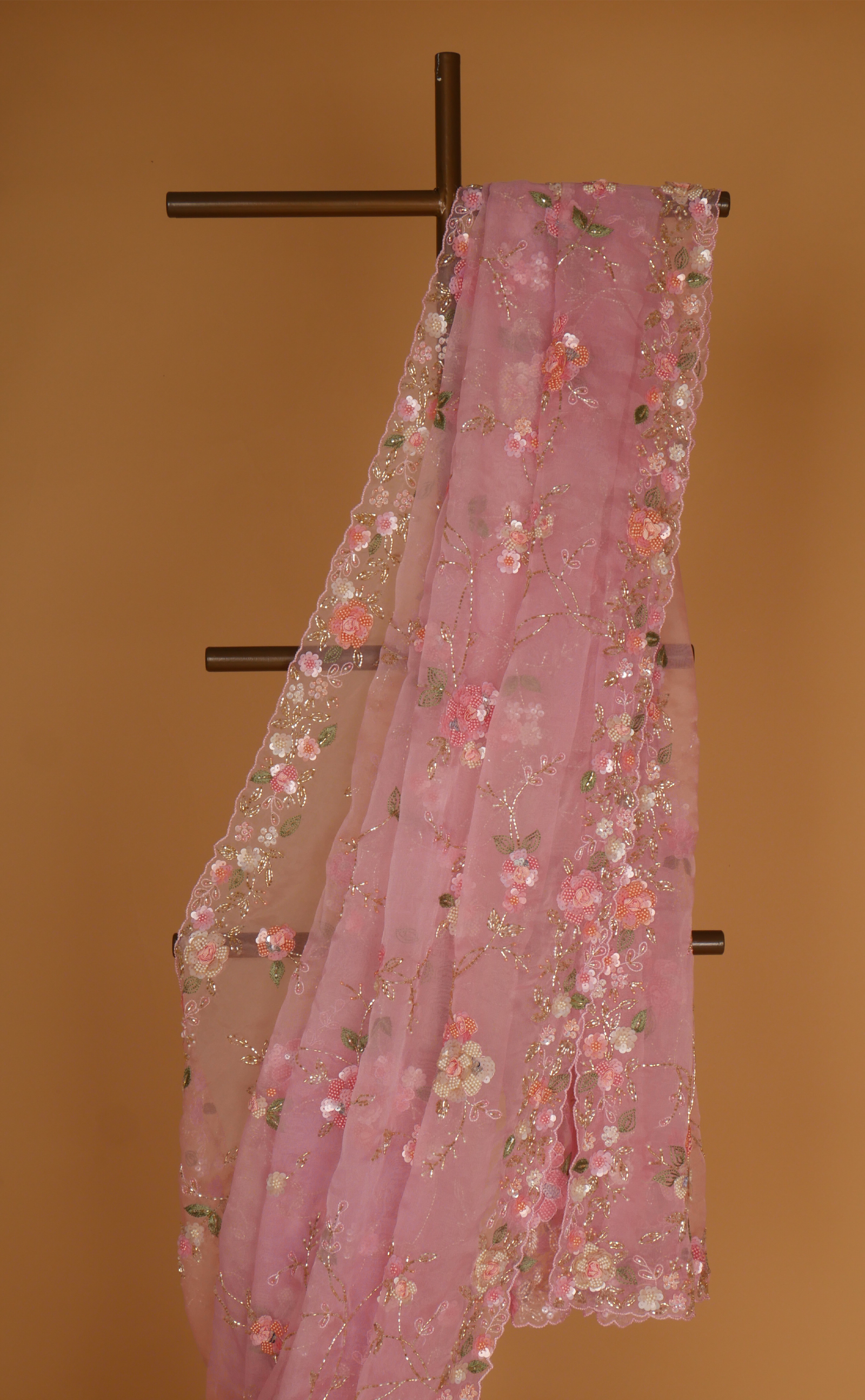 Ice Pink Hand Embroidery Saree In Vegan Soft Organza