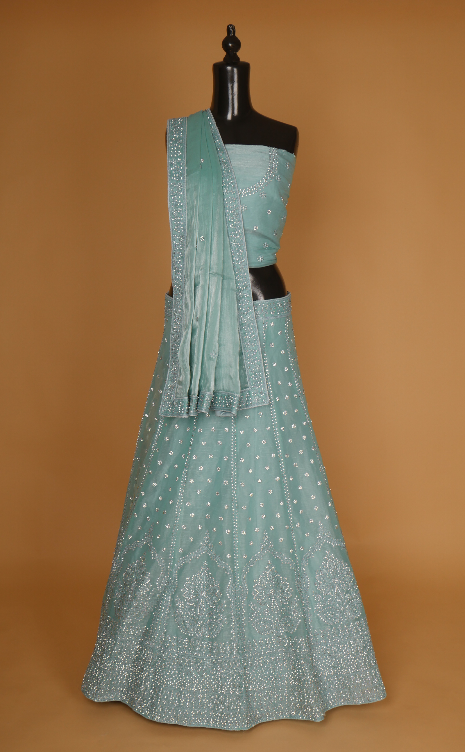 Dusty Blue Embroidered Lehenga In Vegan Tissue Georgette