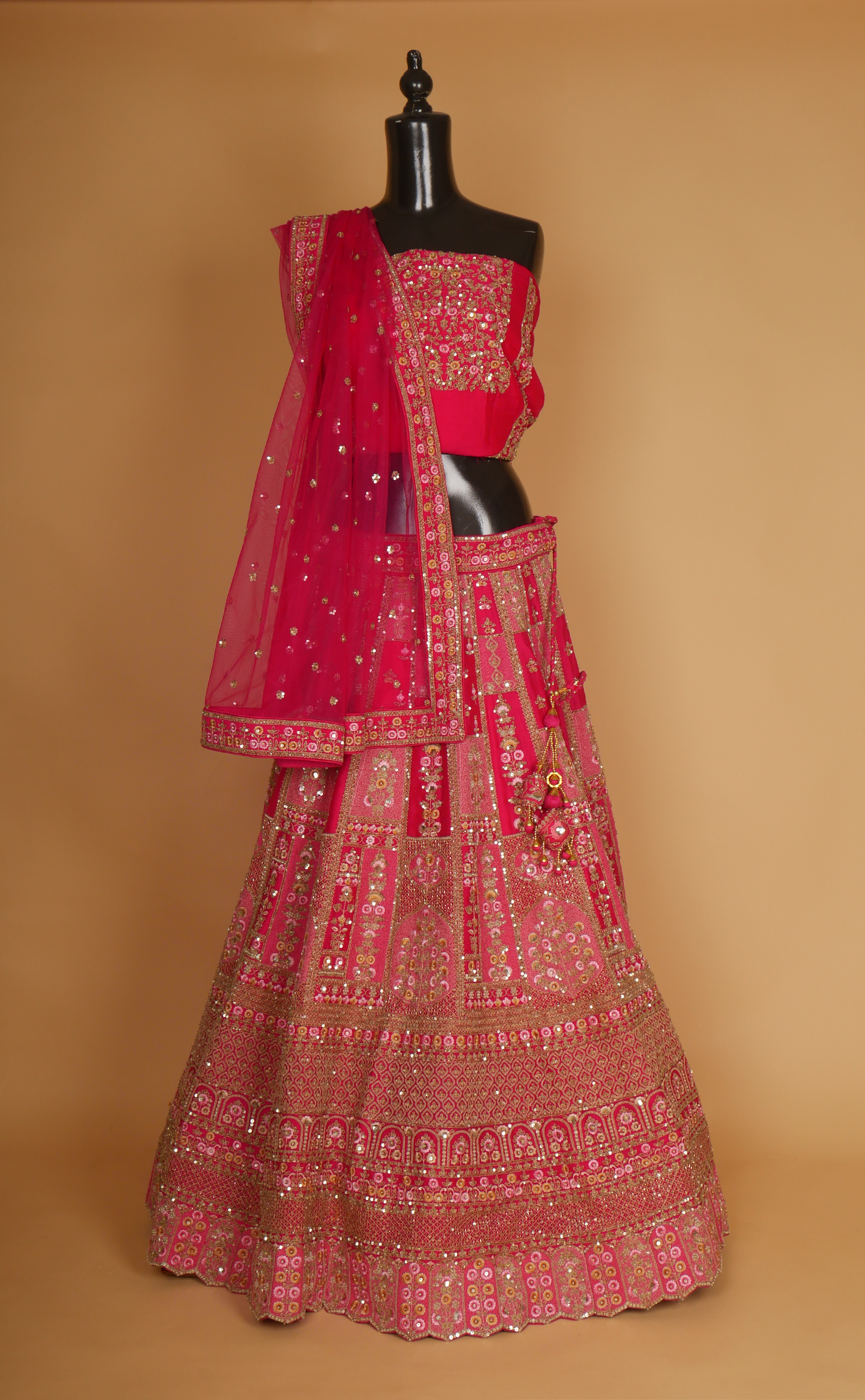 Rani Mix Embroidery Bridal Lehenga In Vegan Raw Silk