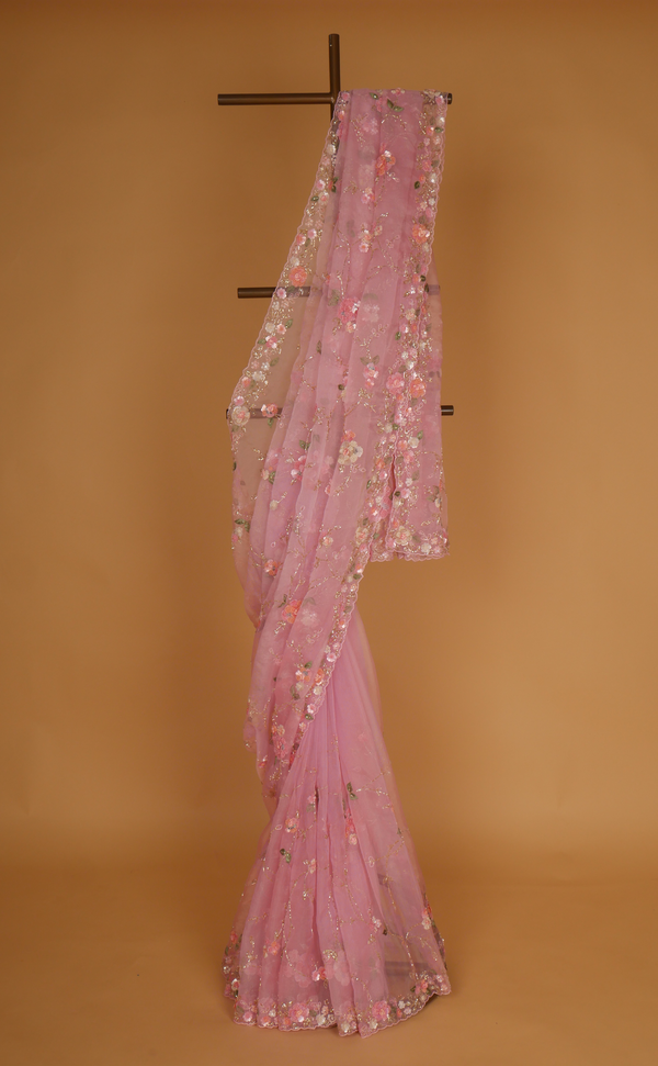 Ice Pink Hand Embroidery Saree In Vegan Soft Organza